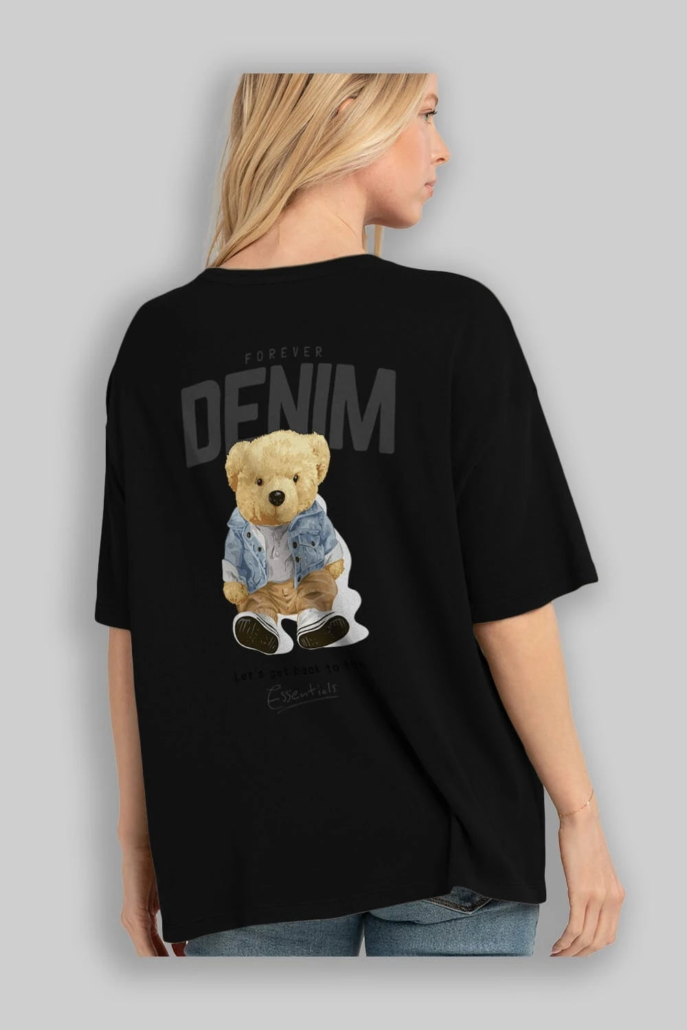 Teddy Bear Forever Denim Arka Baskılı Oversize t-shirt Erkek Kadın Unisex %100 Pamuk