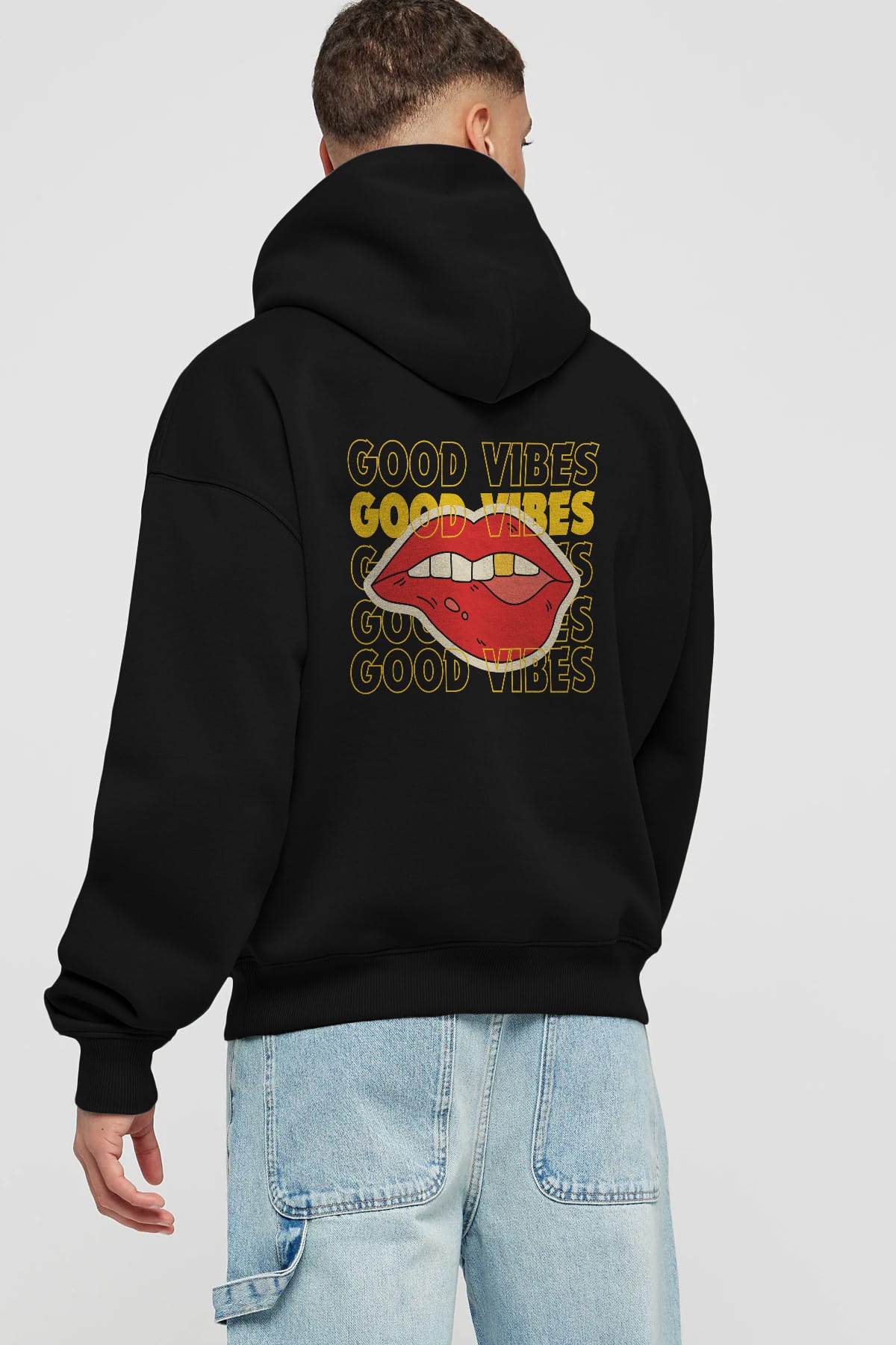 Good Vibes Yazılı 2 Arka Baskılı Oversize Hoodie Kapüşonlu Sweatshirt Erkek Kadın Unisex