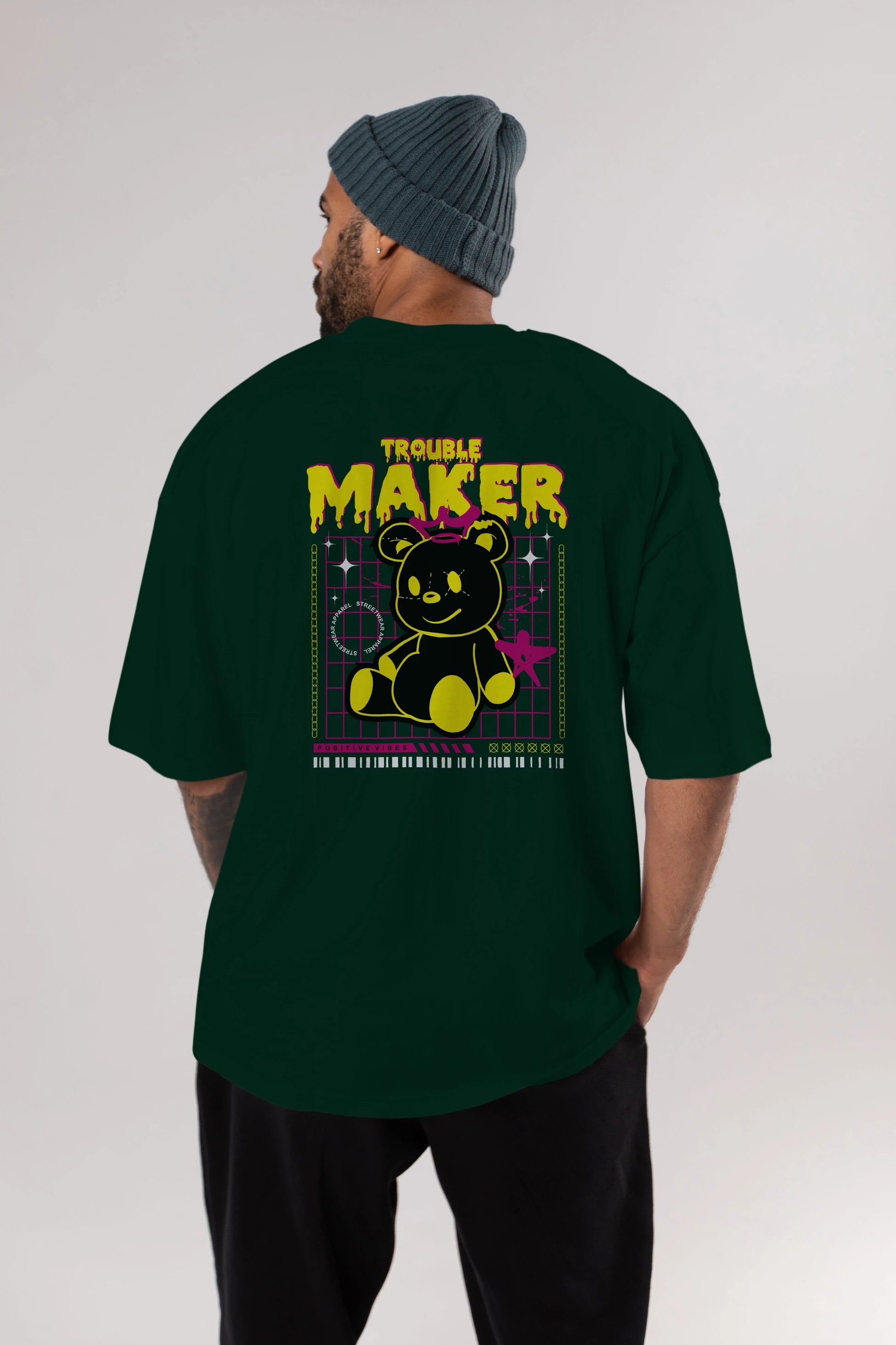 Teddy Bear Trouble Maker Arka Baskılı Oversize t-shirt Erkek Kadın Unisex