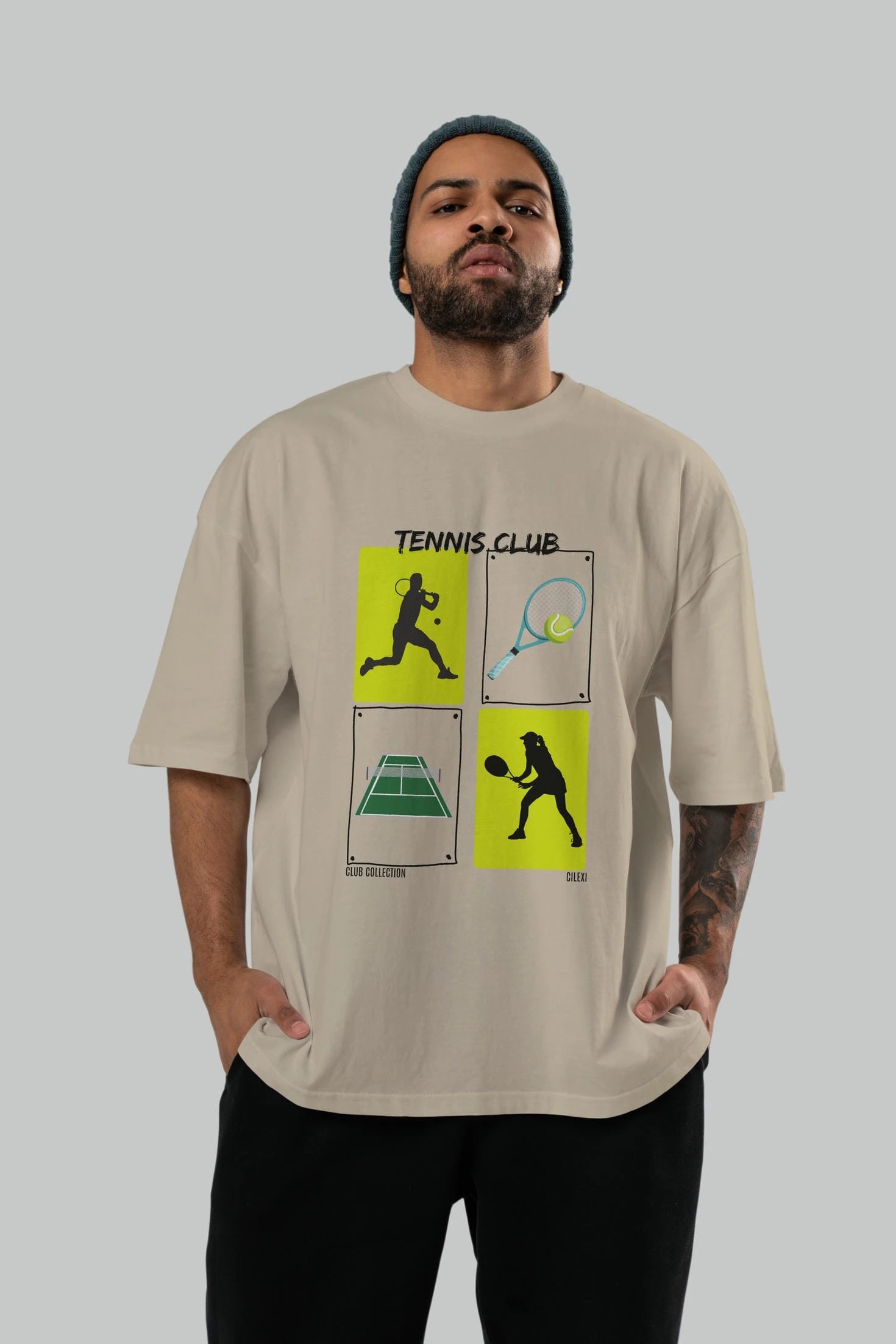 Tennis Club ön Baskılı Oversize t-shirt Erkek Kadın %100 Pamuk Bisiklet Yaka tişort