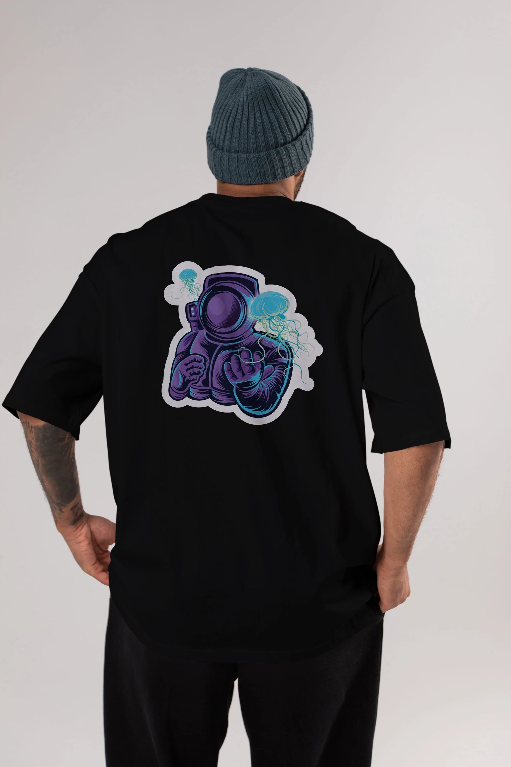 Astronaut and Jellyfish Sticker Arka Baskılı Oversize t-shirt Erkek Kadın Unisex