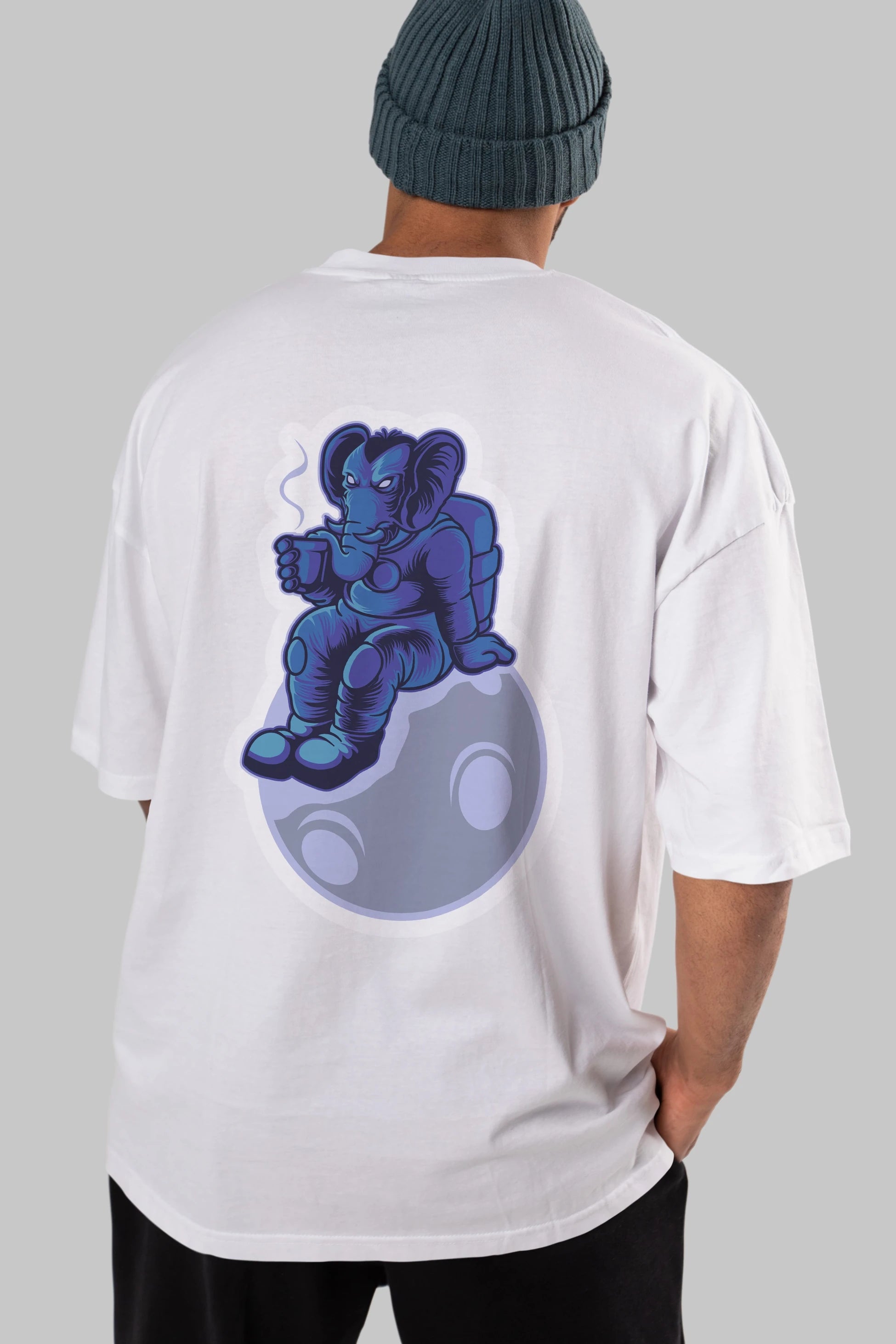 Space Elephant Drink Coffee Sticker Arka Baskılı Oversize t-shirt Erkek Kadın Unisex