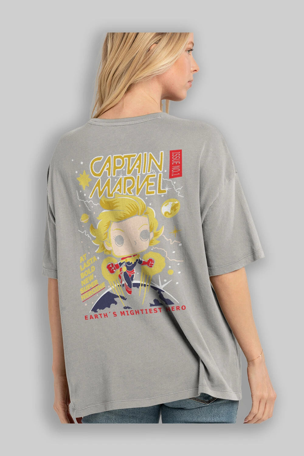 Captain Marvel Arka Baskılı Oversize t-shirt Erkek Kadın Unisex %100 Pamuk Bisiklet Yaka tişort