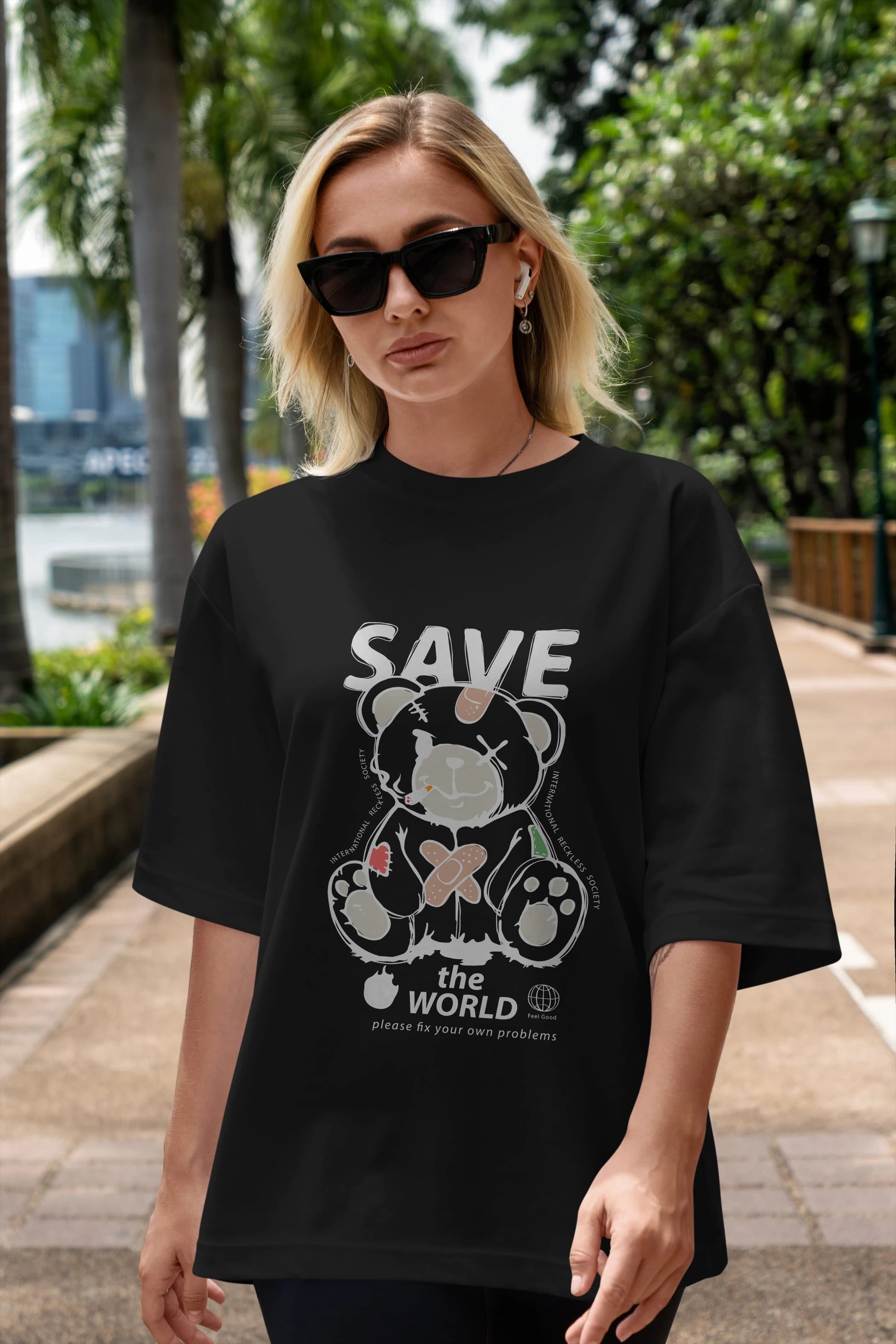 Save the World Bear Ön Baskılı Oversize t-shirt Erkek Kadın Unisex