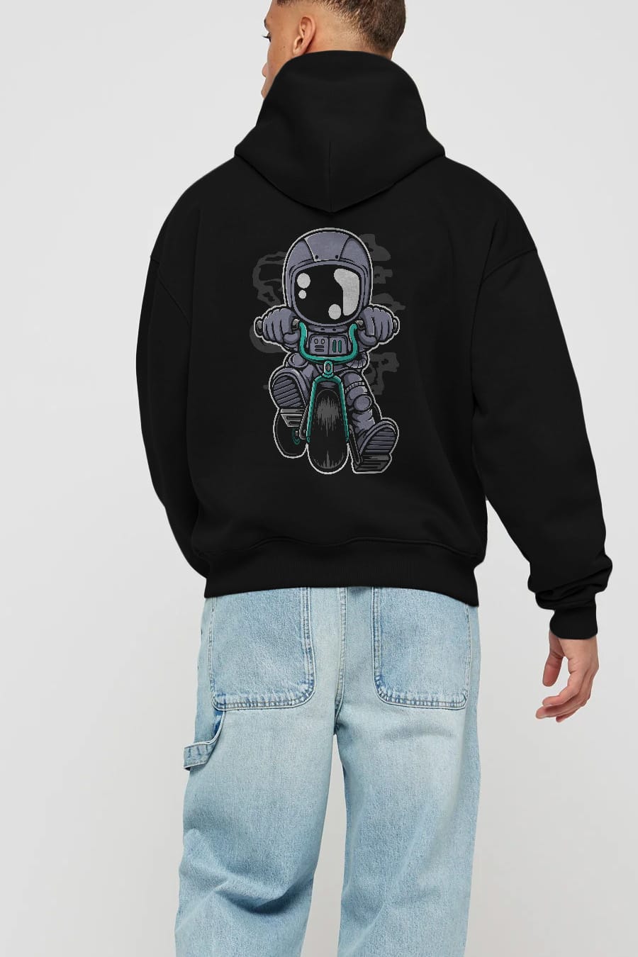 Astronaut Biker Arka Baskılı Hoodie Oversize Kapüşonlu Sweatshirt Erkek Kadın Unisex