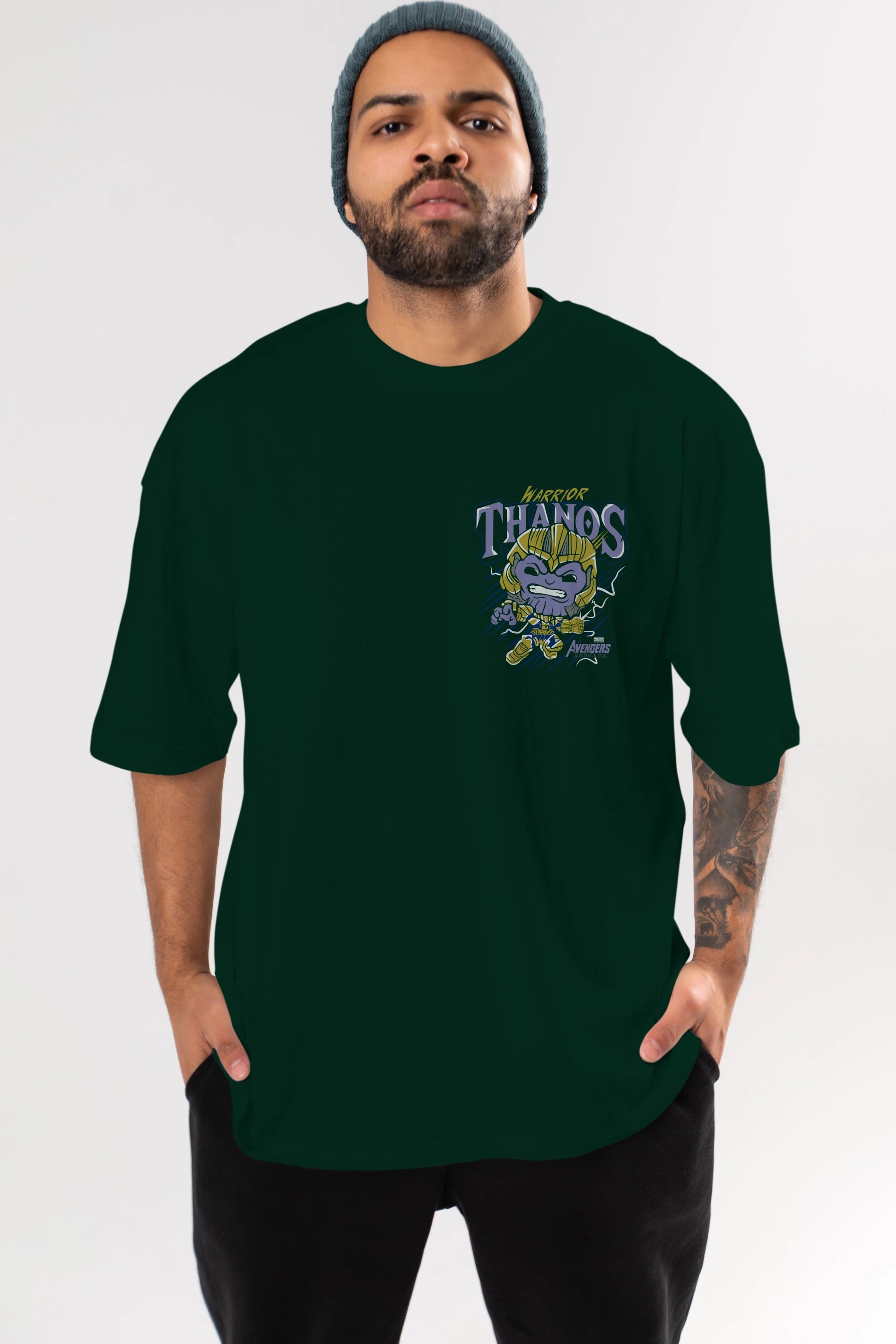 Thanos (2) Ön Sol Baskılı Oversize t-shirt Erkek Kadın Unisex %100 Pamuk Bisiklet Yaka tişort