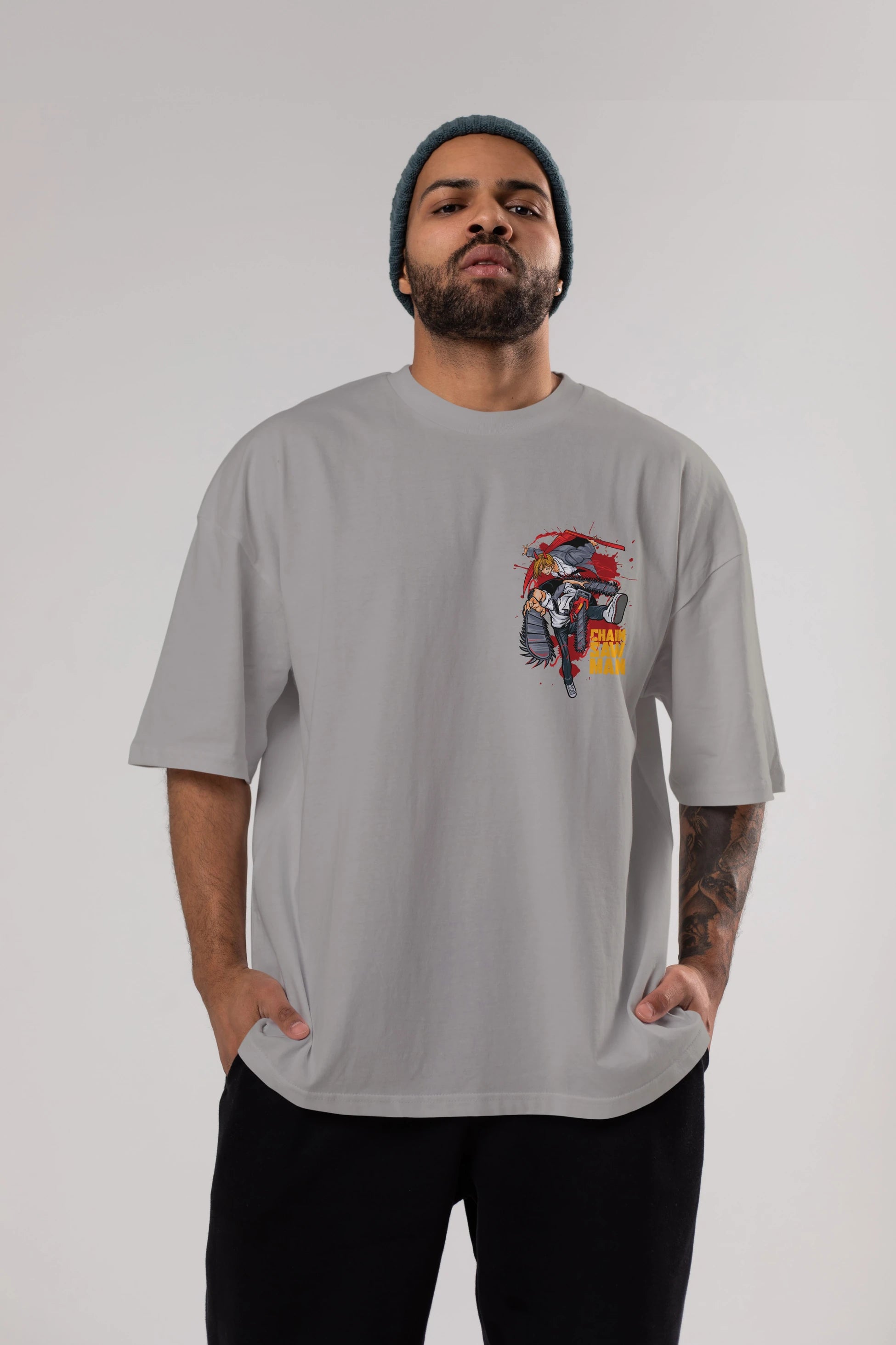 DENJI and POWER Ön Sol Baskılı Oversize t-shirt Erkek Kadın Unisex %100 Pamuk Bisiklet Yaka tişort