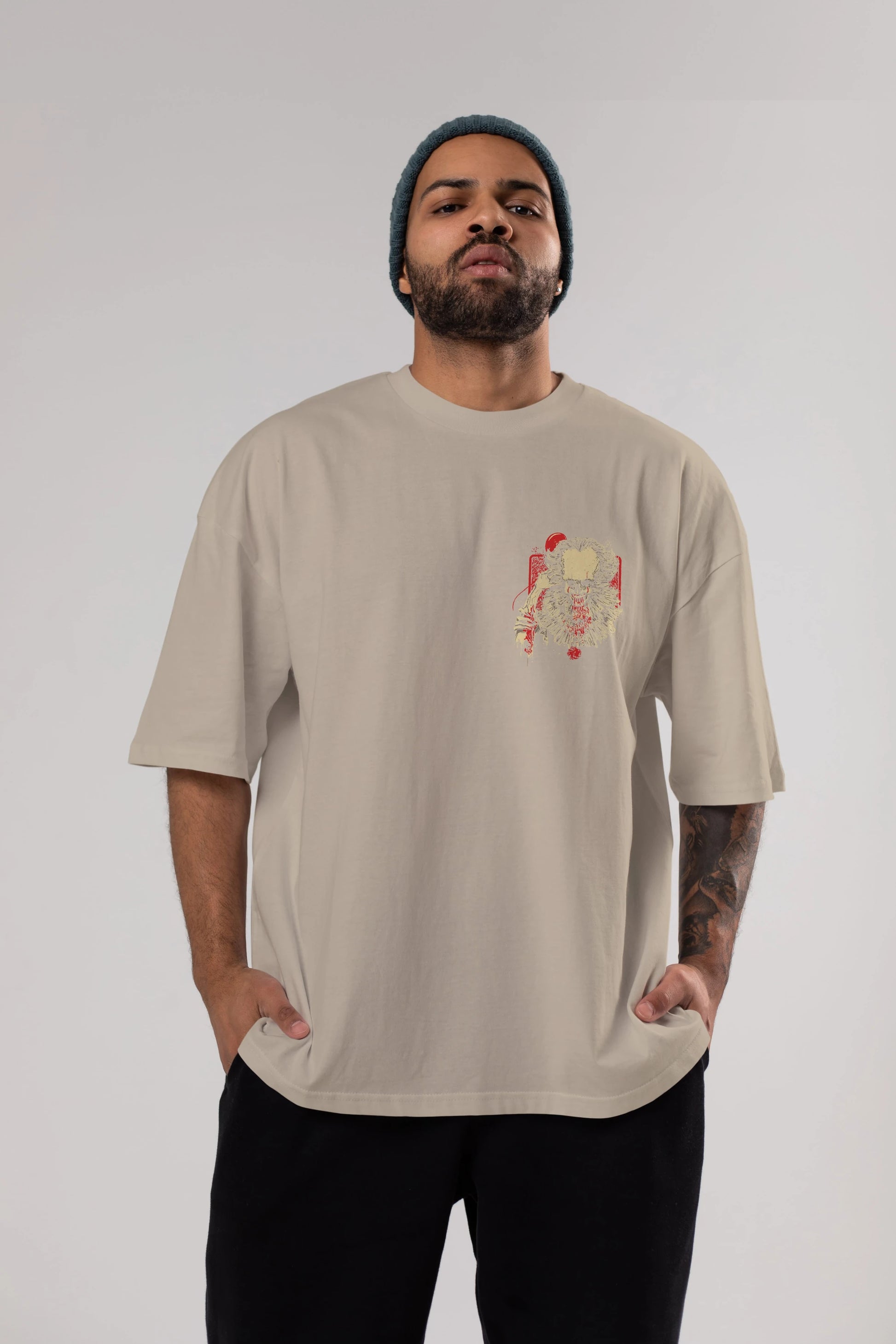 it (2) Ön Sol Baskılı Oversize t-shirt Erkek Kadın Unisex %100 Pamuk Bisiklet Yaka tişort