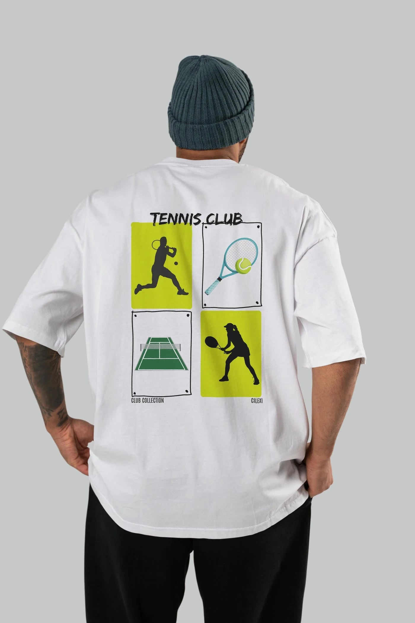 Tennis Club Arka Baskılı Oversize t-shirt Erkek Kadın %100 Pamuk Bisiklet Yaka tişort