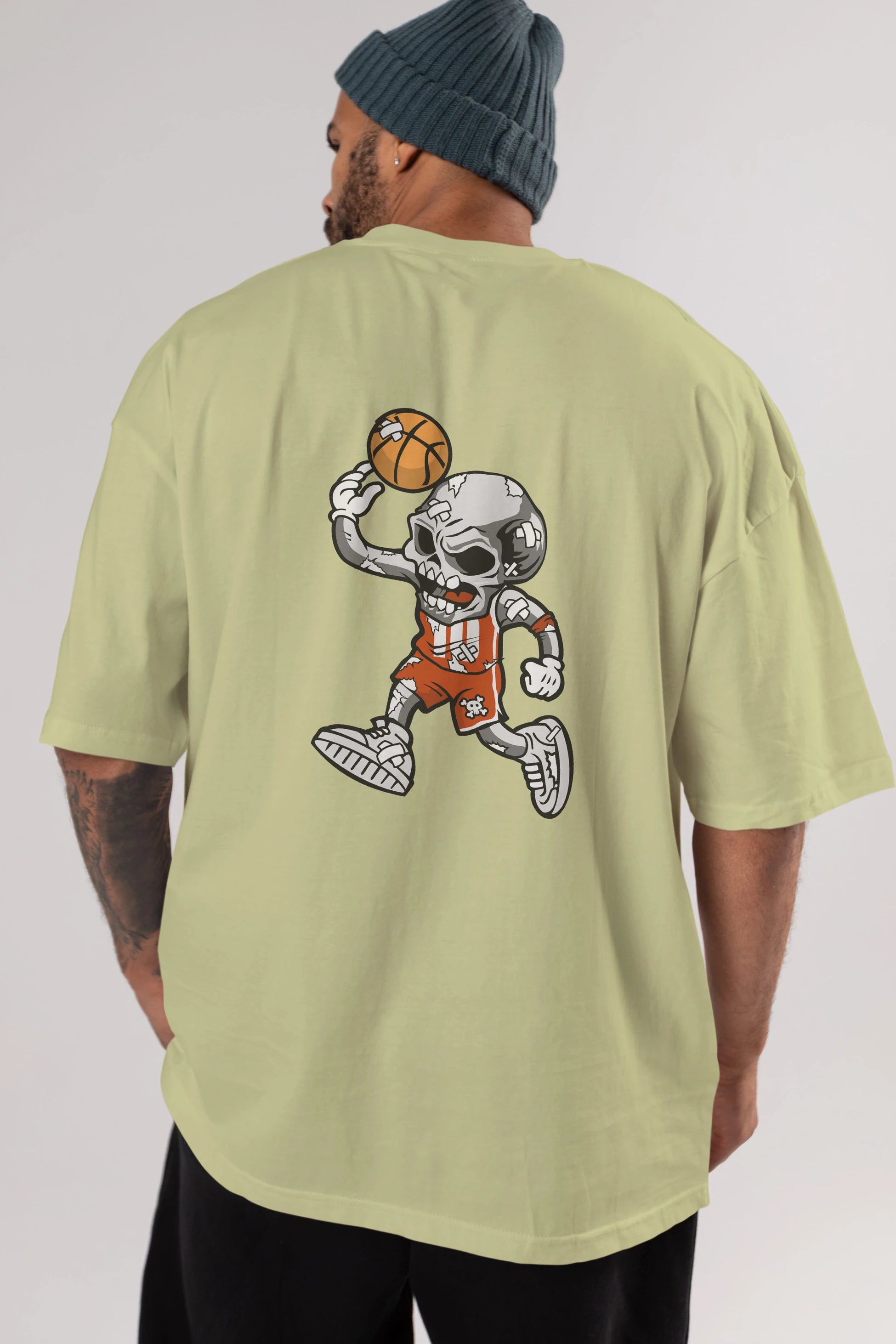 Skull Basketball Arka Baskılı Oversize t-shirt Erkek Kadın Unisex %100 Pamuk tişort