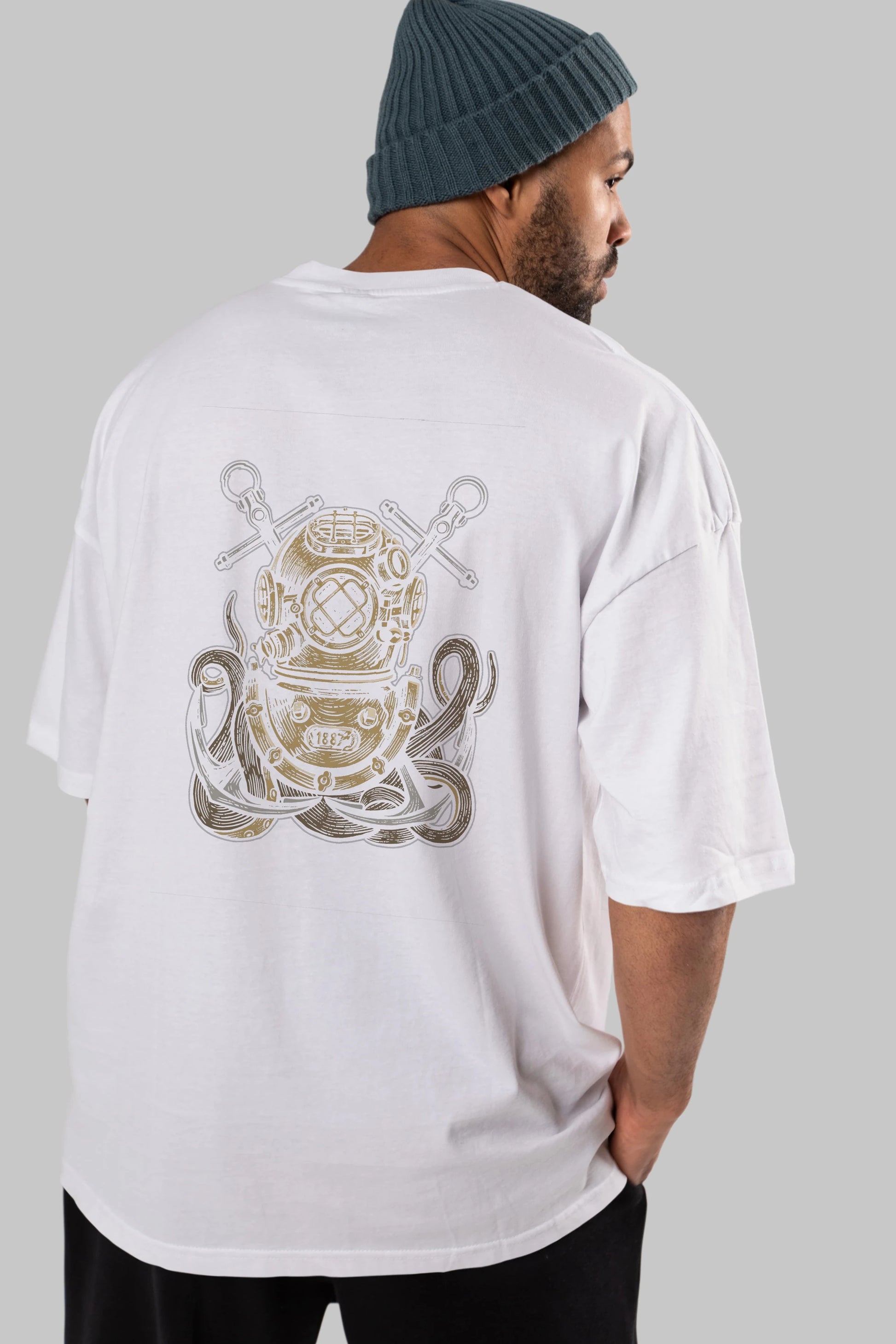 Diver Octopus Arka Baskılı Oversize t-shirt Erkek Kadın Unisex %100 Pamuk