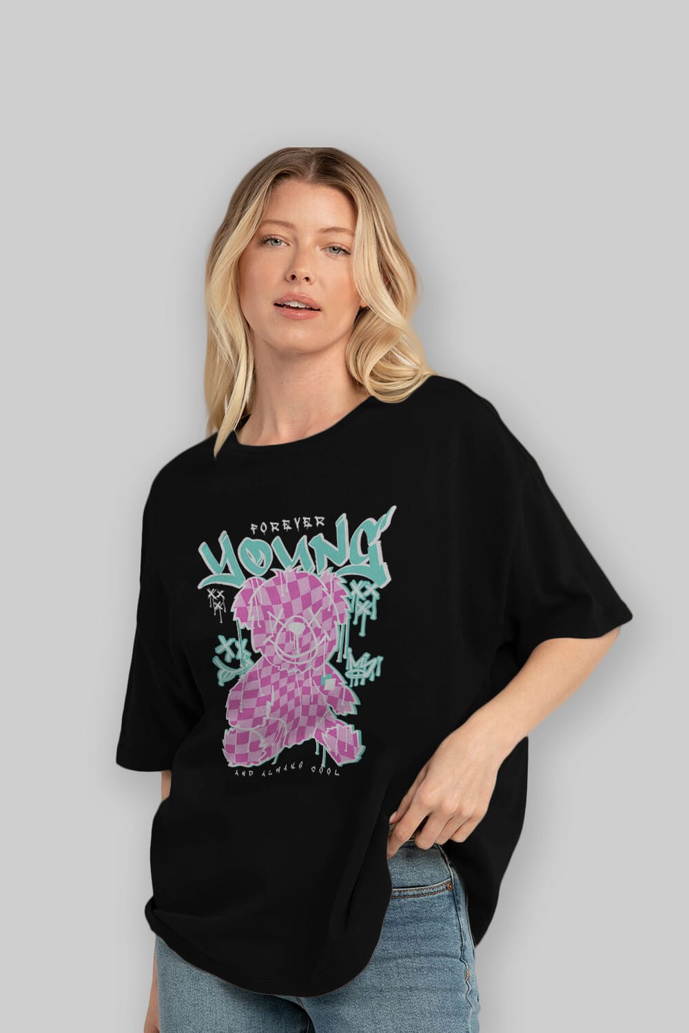 Young and Always Cool Bear Ön Baskılı Oversize t-shirt Erkek Kadın Unisex