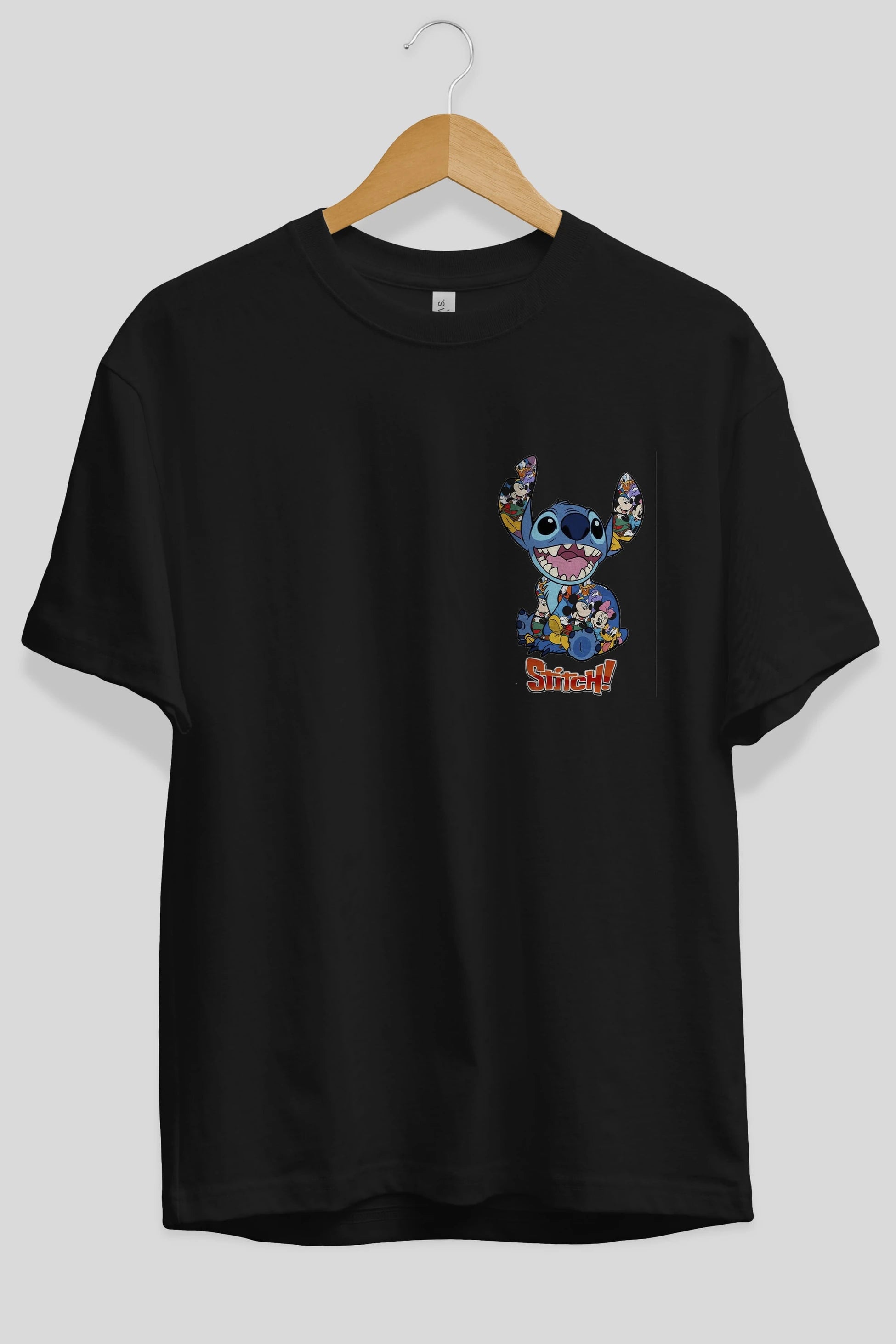 Stitch Ön Sol Baskılı Oversize t-shirt Erkek Kadın Unisex %100 Pamuk Bisiklet Yaka tişort