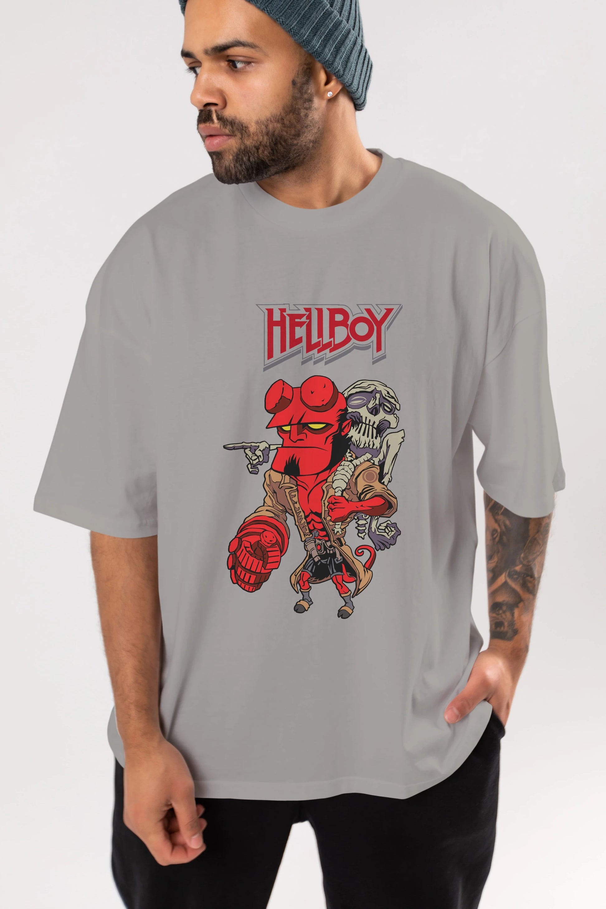 Hellboy (2) Ön Baskılı Oversize t-shirt Erkek Kadın Unisex %100 Pamuk Bisiklet Yaka tişort