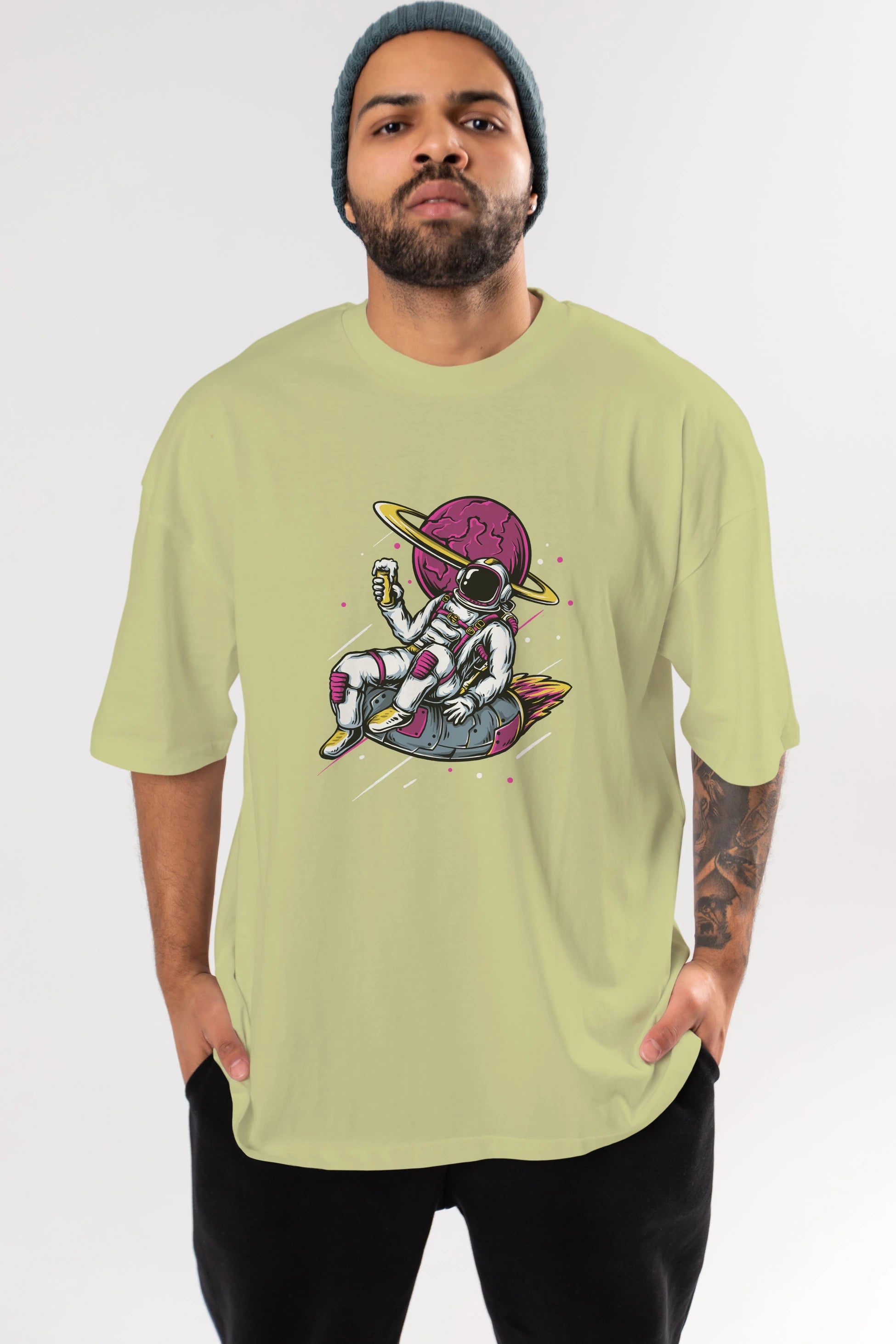 Astronaut Beer Ön Baskılı Oversize t-shirt Erkek Kadın Unisex