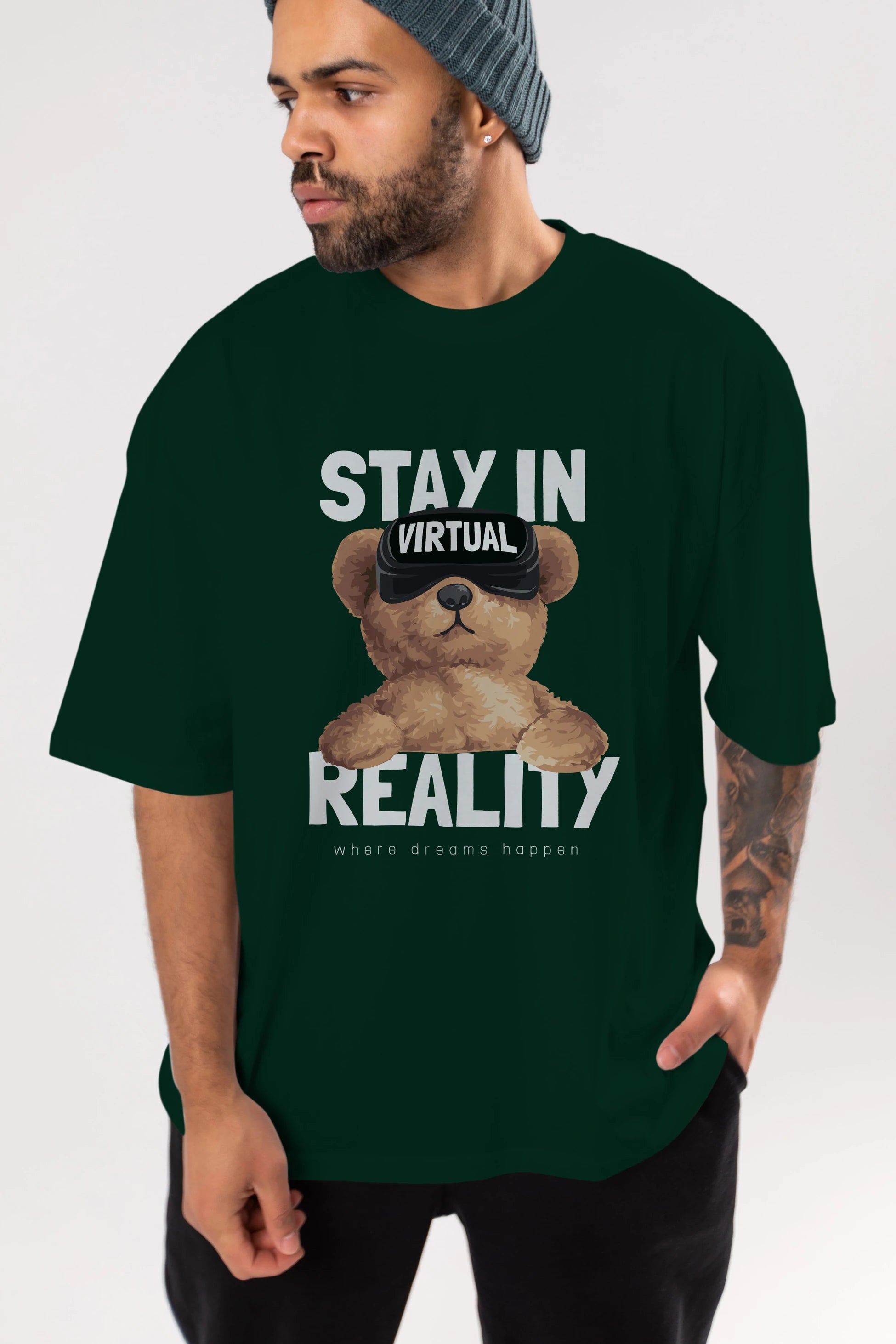 Teddy Stay In Reality Ön Baskılı Oversize t-shirt Erkek Kadın Unisex %100 Pamuk
