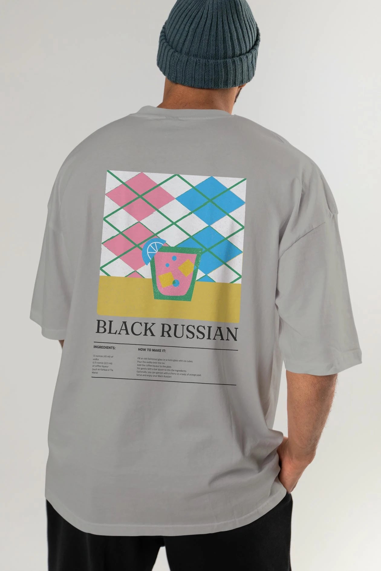 Black Russian Kokteyl Serisi Arka Baskılı Oversize t-shirt Erkek Kadın %100 Pamuk Bisiklet Yaka tişort