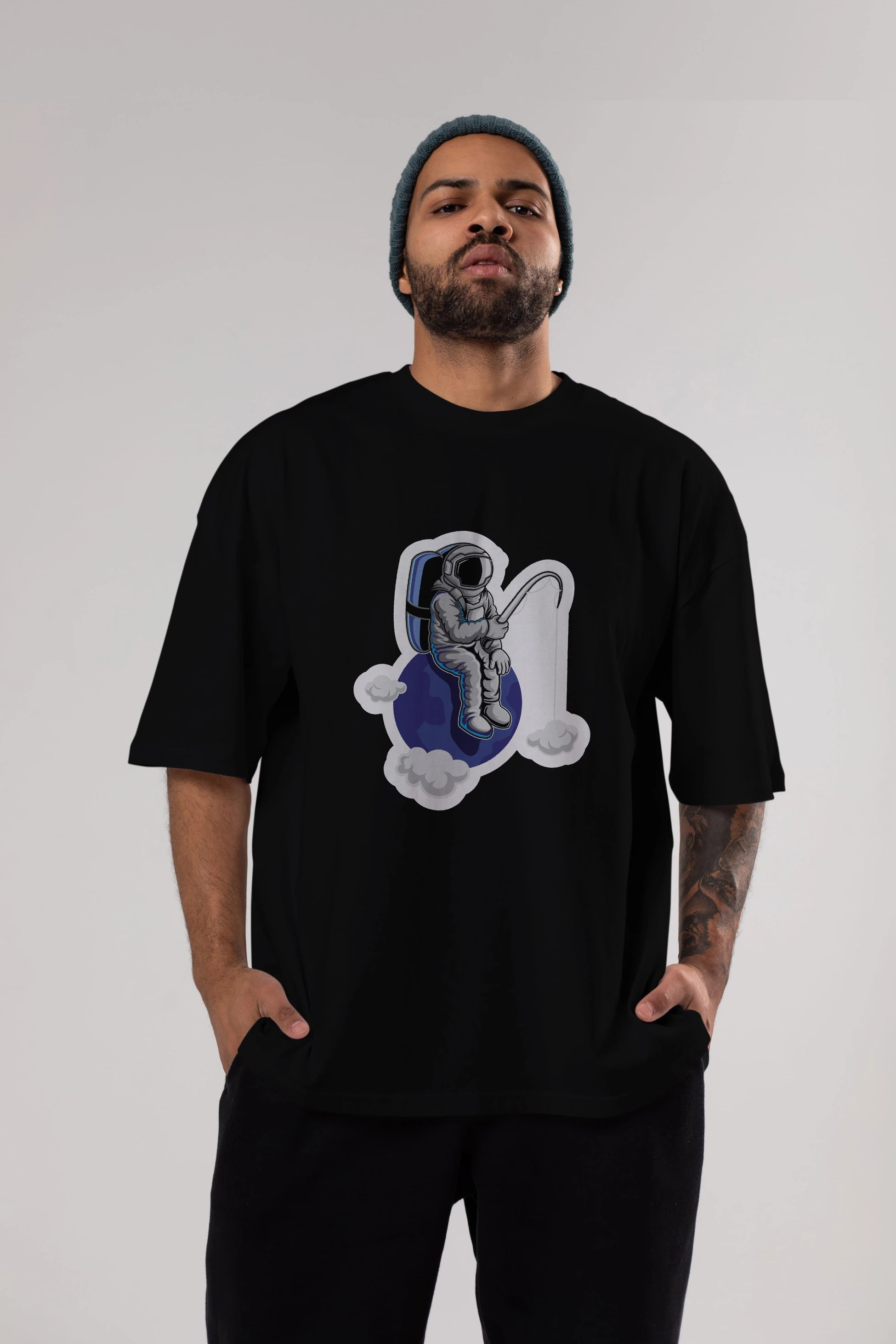 Astronaut Fishing Sticker Ön Baskılı Oversize t-shirt Erkek Kadın Unisex