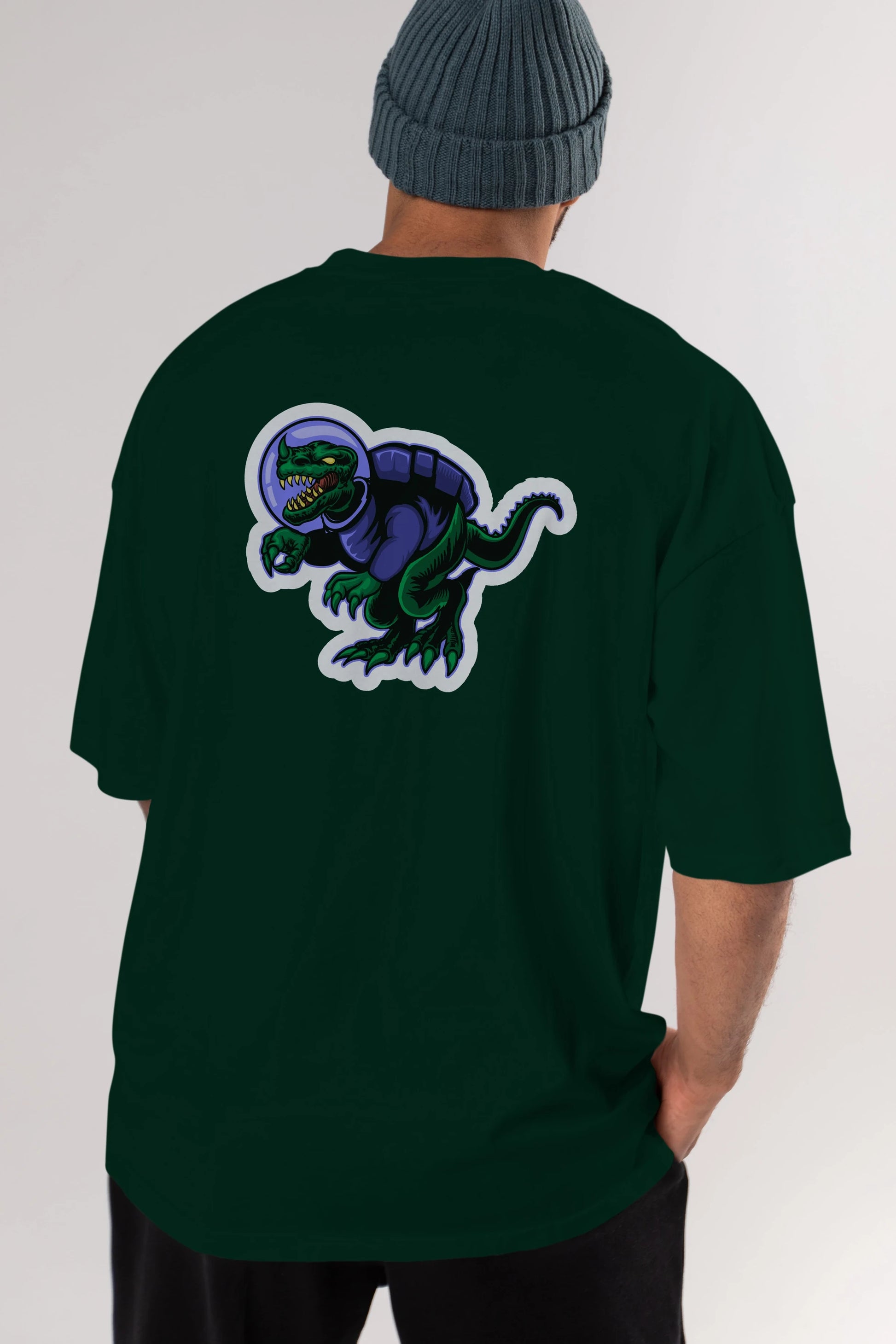 Space Dino Sticker Arka Baskılı Oversize t-shirt Erkek Kadın Unisex