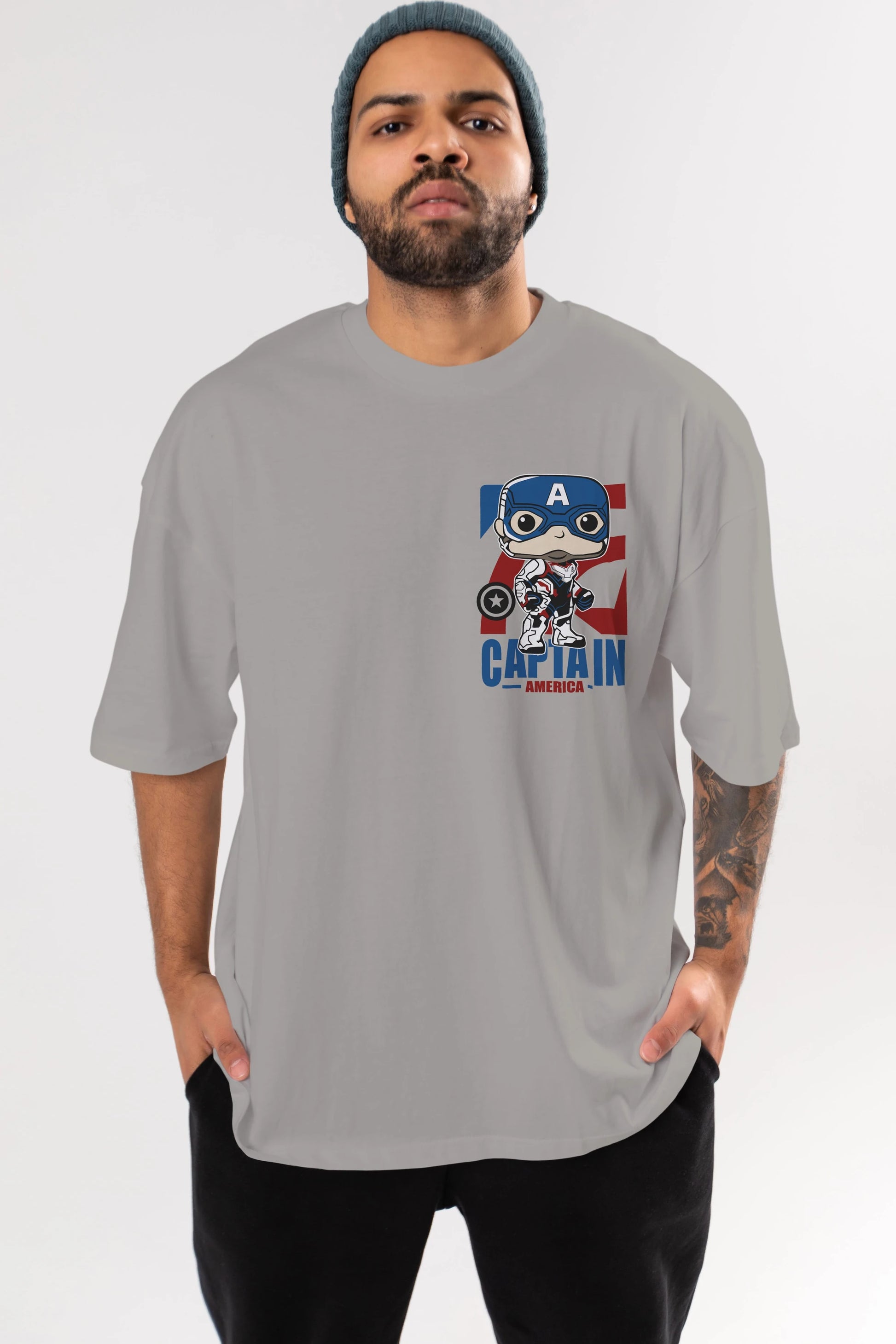 Captain America Ön Sol Baskılı Oversize t-shirt Erkek Kadın Unisex %100 Pamuk Bisiklet Yaka tişort