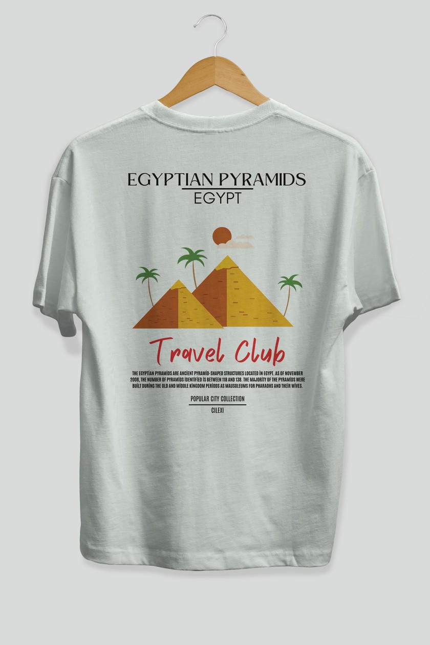 Egyptian Pyramids Egypt Arka Baskılı Oversize t-shirt Erkek Kadın Pamuk Bisiklet Yaka tişort