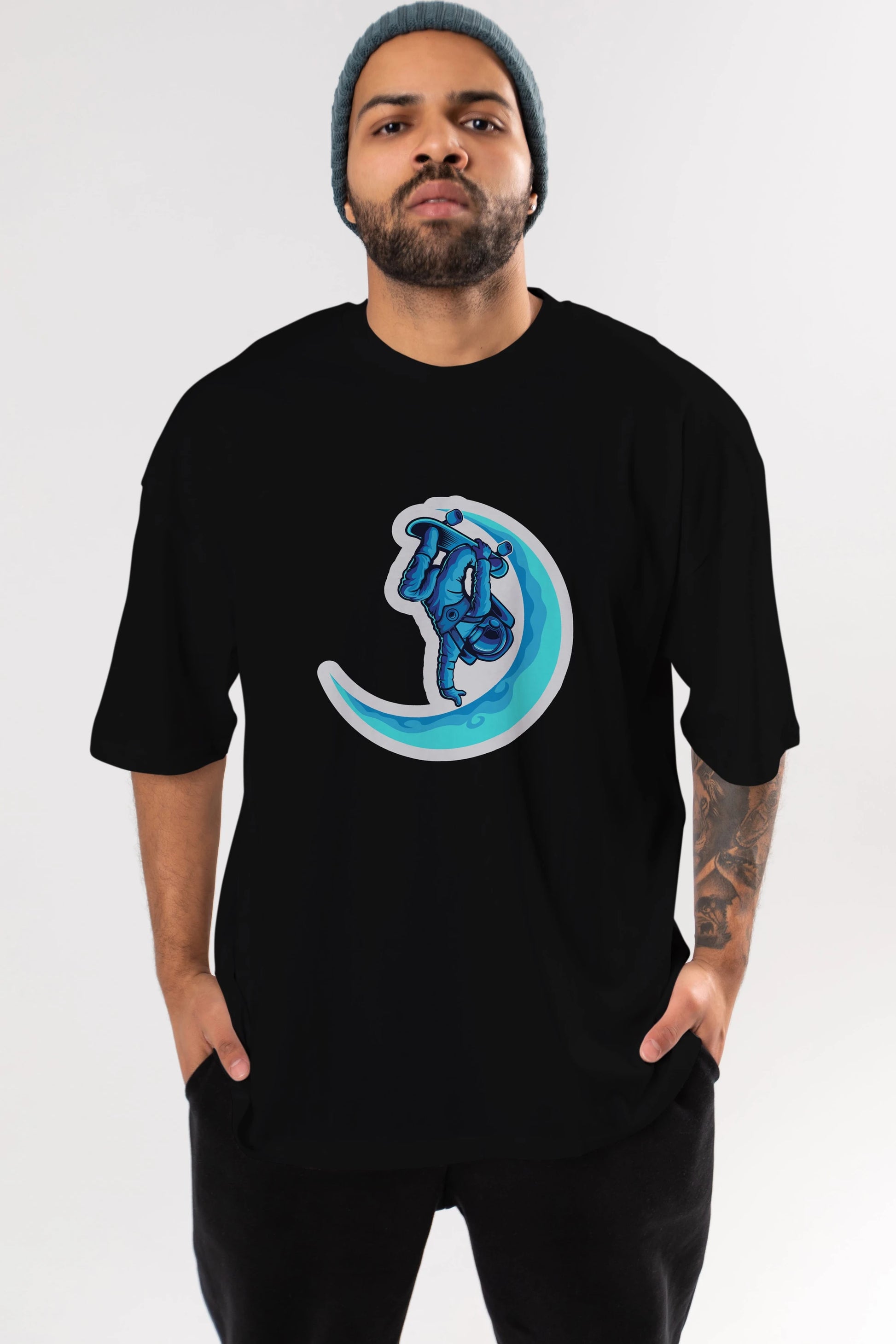 Skating on the moon sticker Ön Baskılı Oversize t-shirt Erkek Kadın Unisex