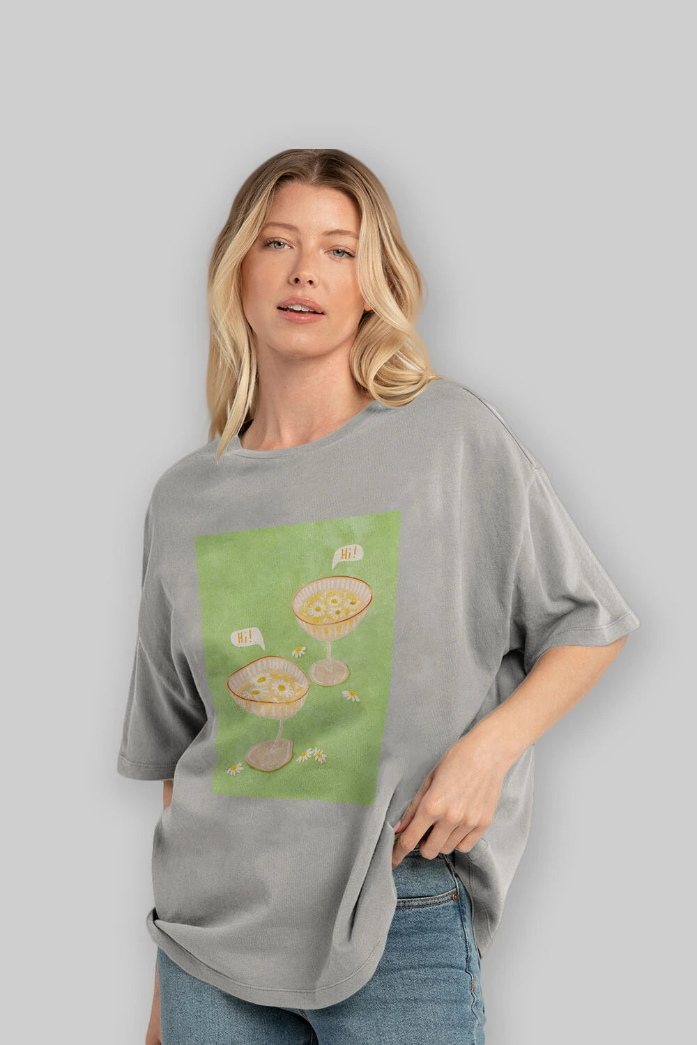 Hi Cheers Ön Baskılı Oversize t-shirt Erkek Kadın Unisex %100 Pamuk Bisiklet Yaka tişort