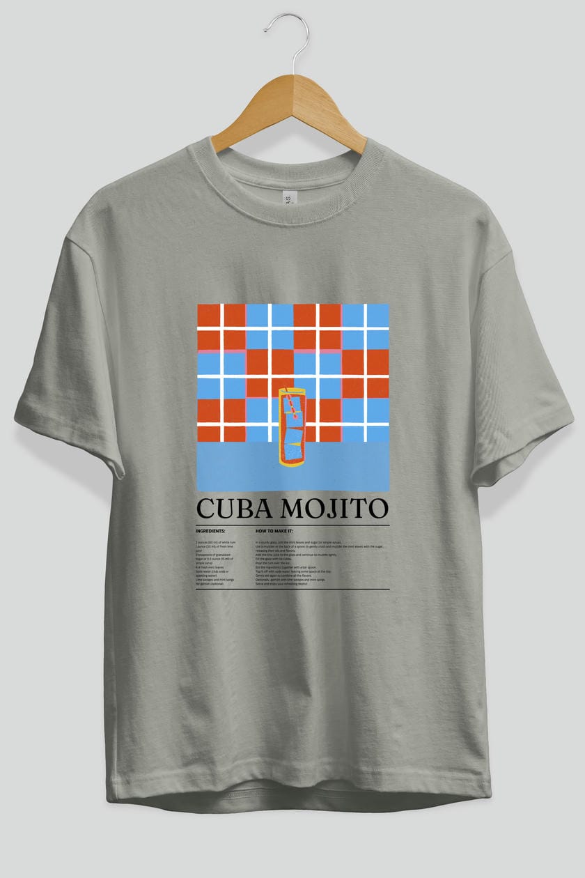 Cuba Mojito Kokteyl Ön Baskılı Oversize t-shirt Erkek Kadın %100 Pamuk Bisiklet Yaka tişort