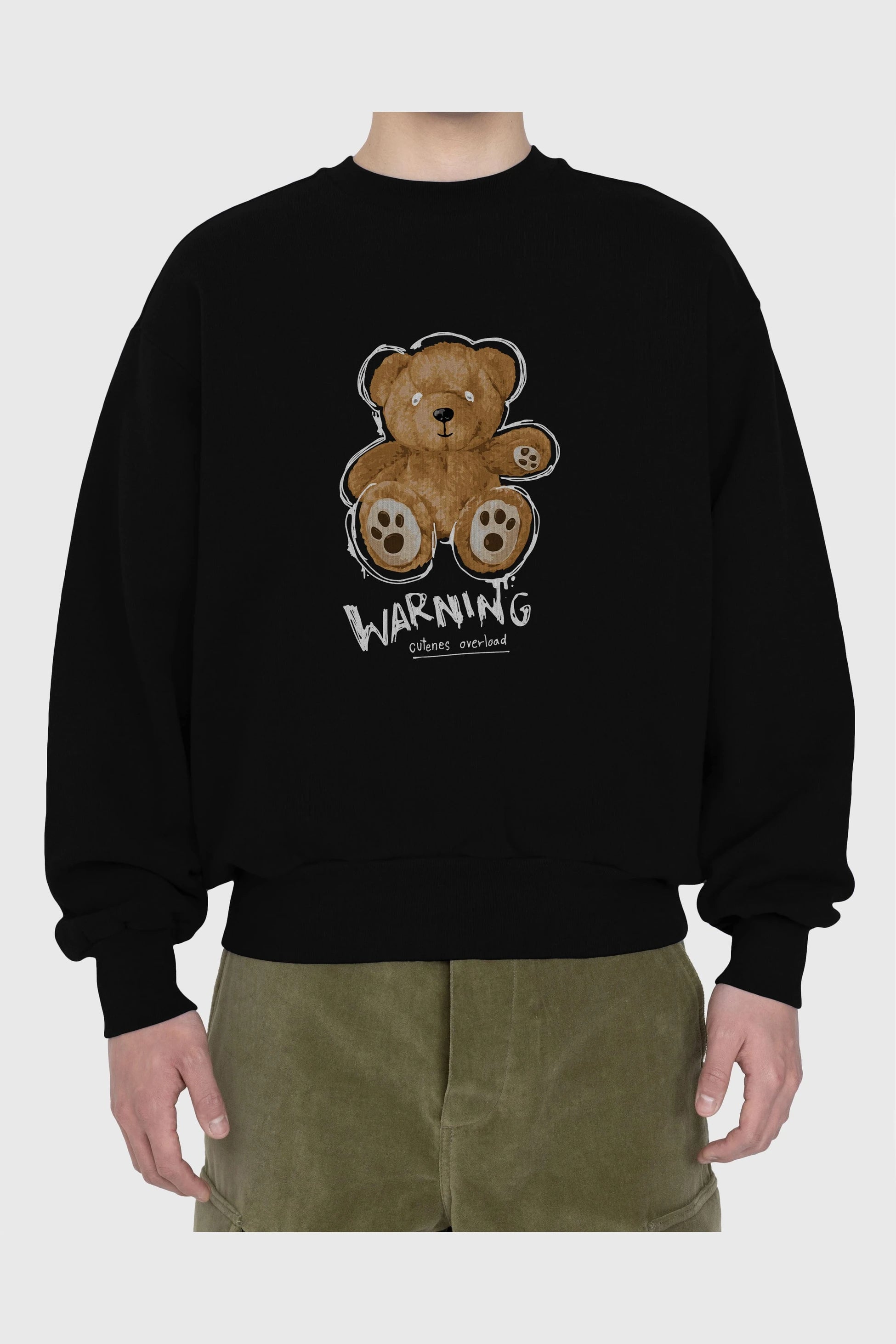 Warning Cuteness Bear Ön Baskılı Oversize Sweatshirt Erkek Kadın Unisex