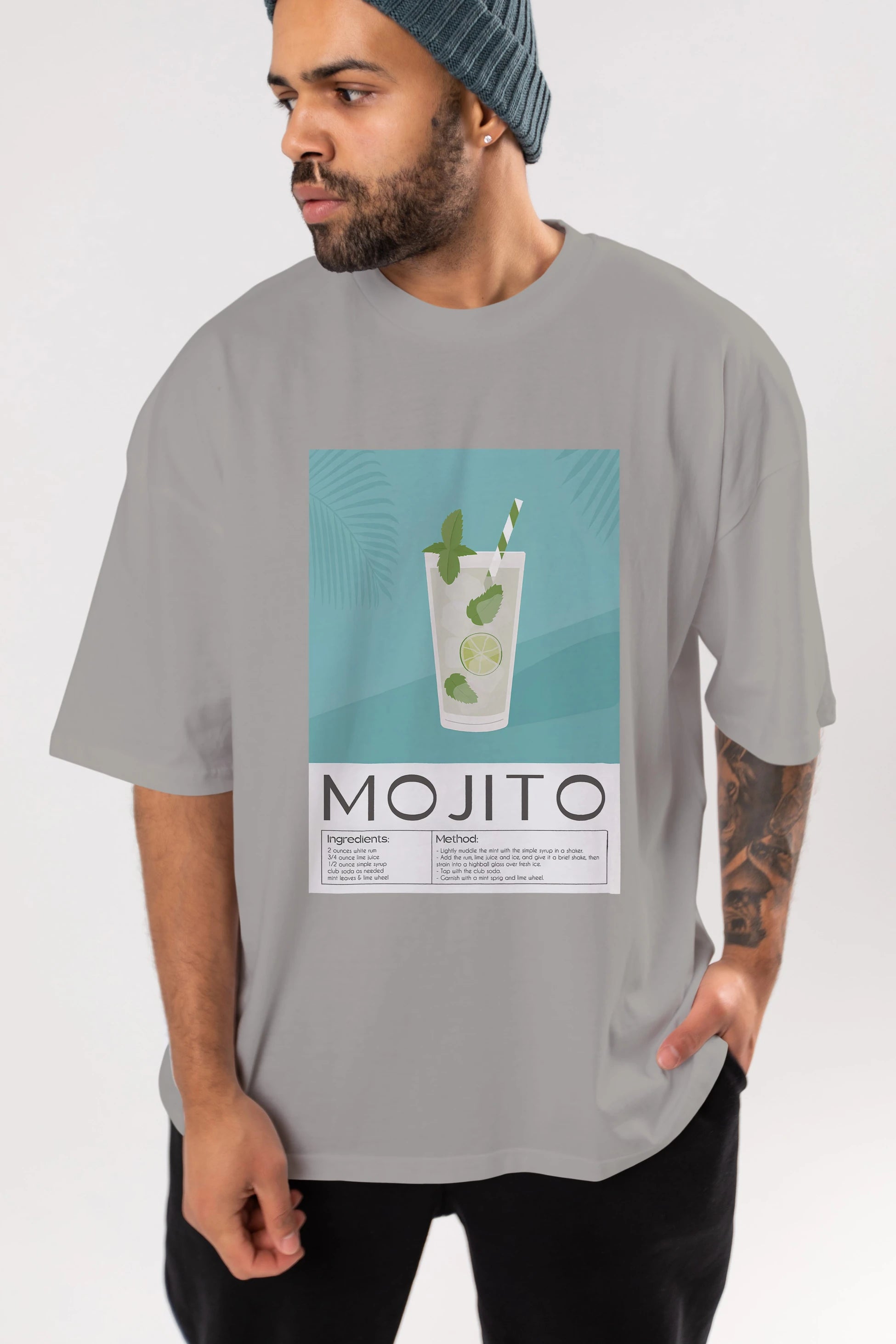 Mojito 4 Ön Baskılı Oversize t-shirt Erkek Kadın Unisex %100 Pamuk Bisiklet Yaka tişort