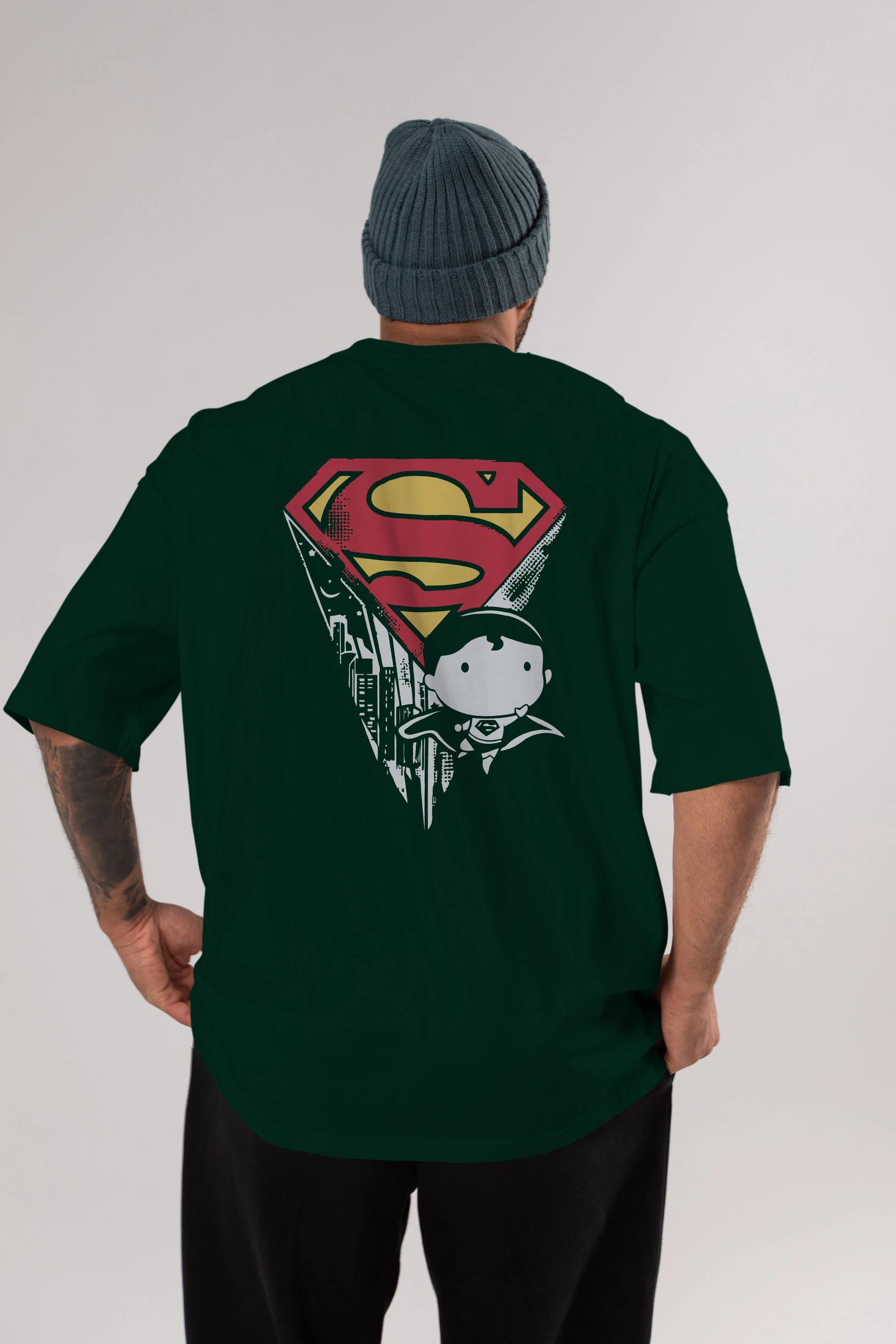 Superman Arka Baskılı Oversize t-shirt Erkek Kadın Unisex %100 Pamuk Bisiklet Yaka tişort