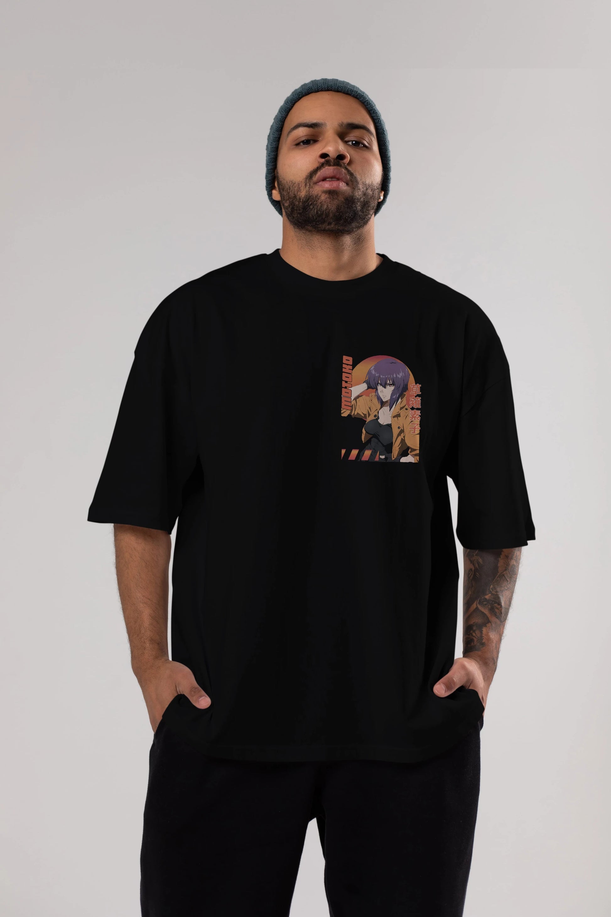 Motoko Kusanagi 9 Ön Sol Baskılı Oversize t-shirt Erkek Kadın Unisex %100 Pamuk Bisiklet Yaka tişort