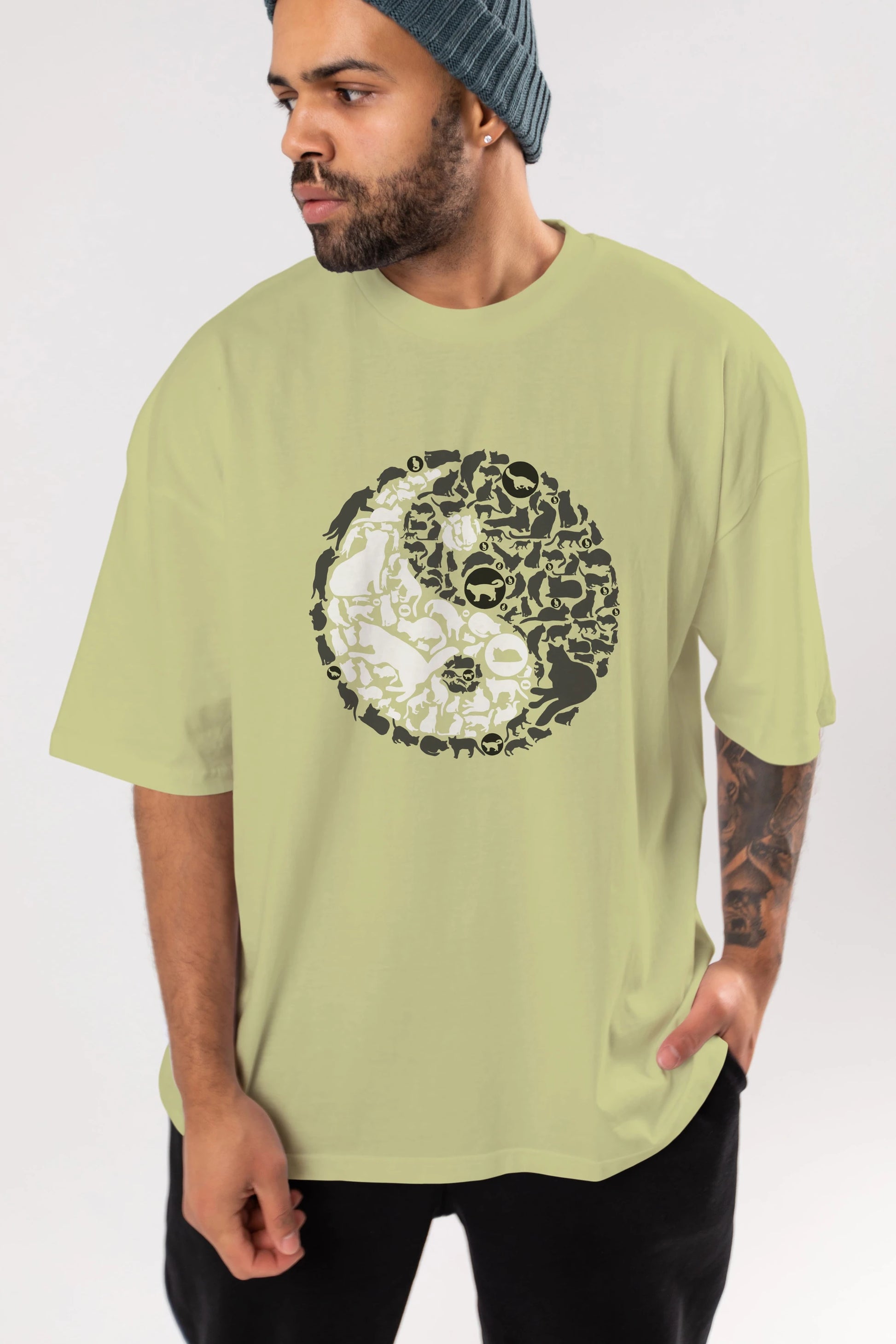 YinYang Cats Ön Baskılı Oversize t-shirt %100 pamuk Erkek Kadın Unisex