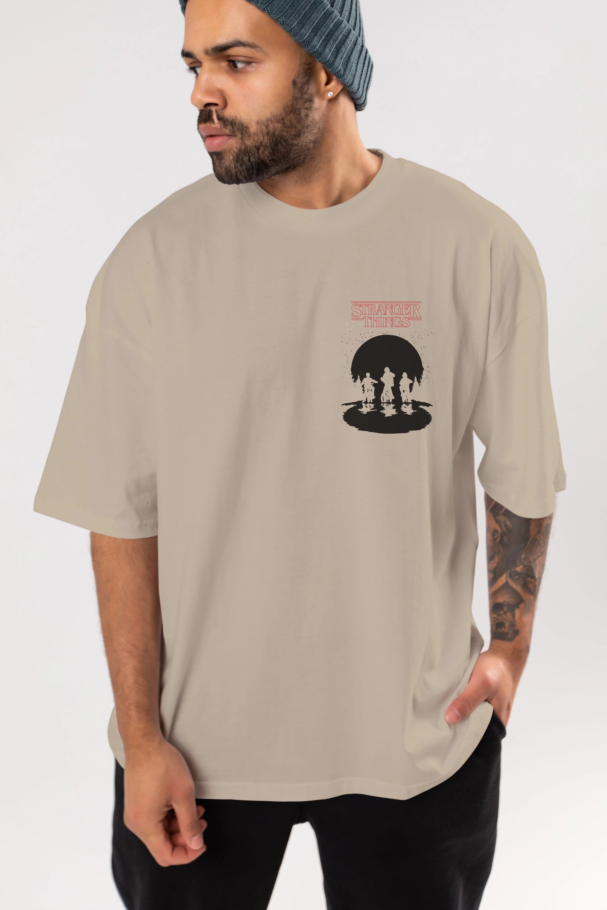 Stranger Things Ön Sol Baskılı Oversize t-shirt Erkek Kadın Unisex %100 Pamuk Bisiklet Yaka tişort