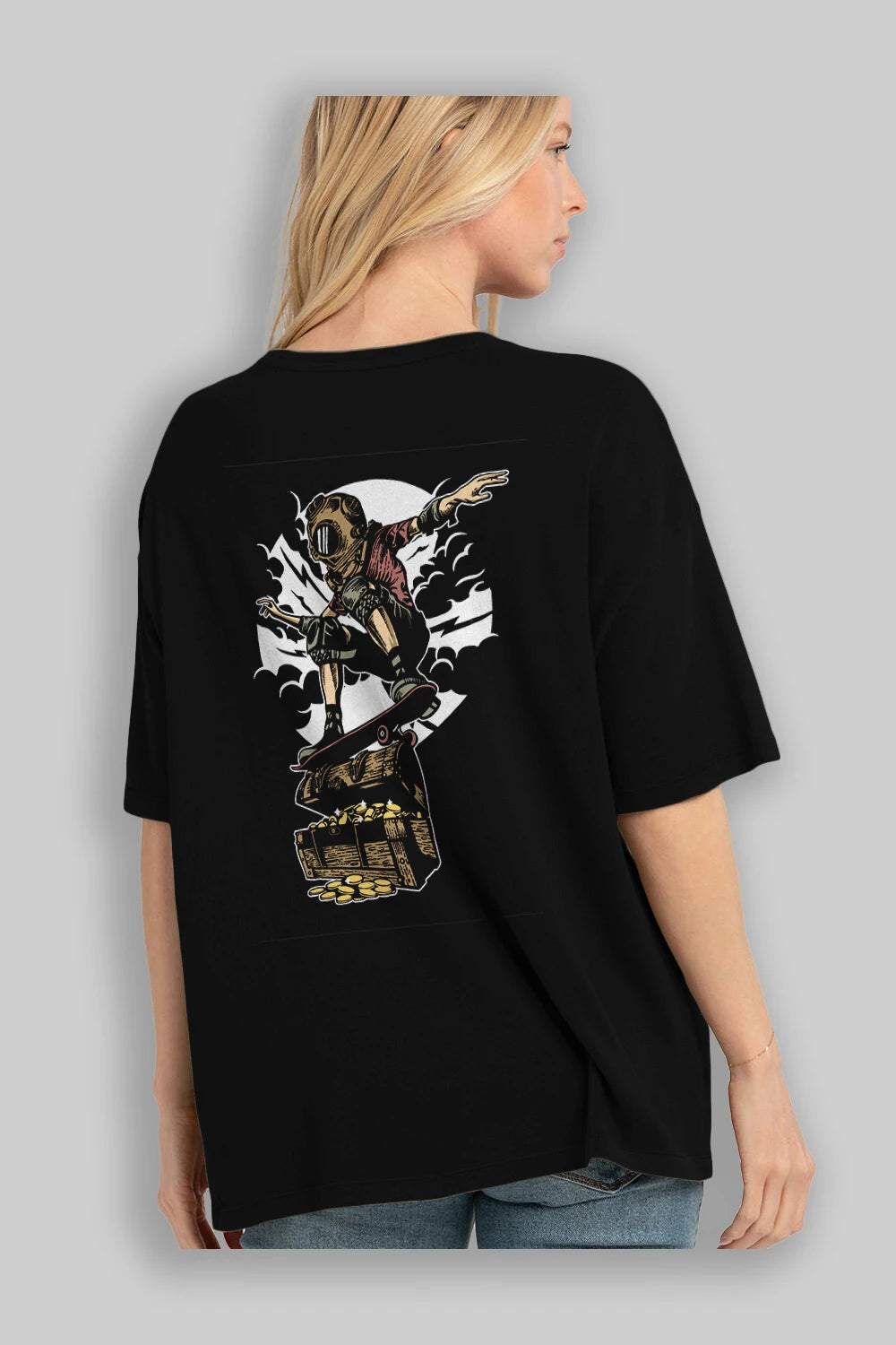 Diver Skater Treasure Arka Baskılı Oversize t-shirt Erkek Kadın Unisex %100 Pamuk