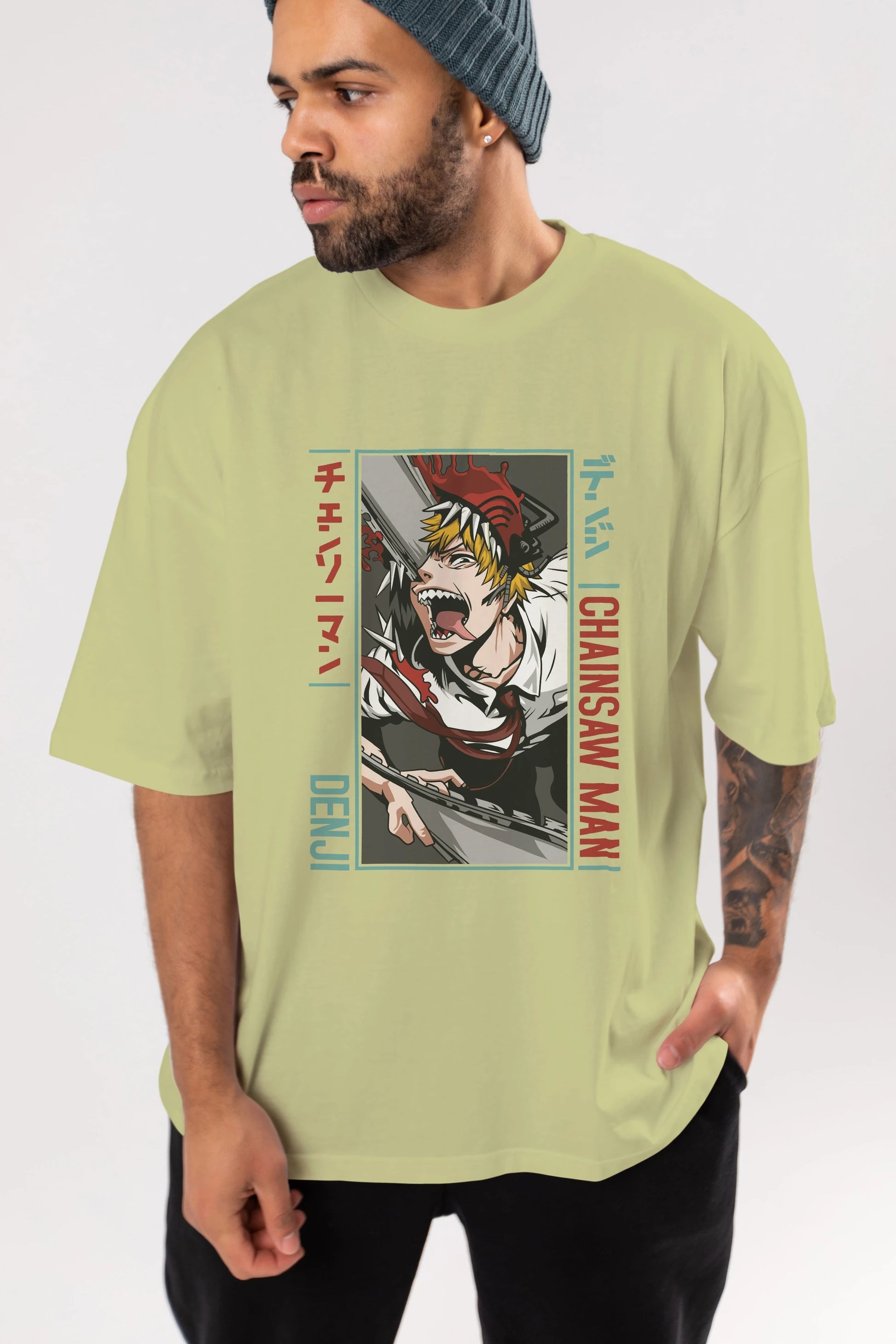 Denji Chainsaw Man Anime Ön Baskılı Oversize t-shirt %100 pamuk Erkek Kadın Unisex