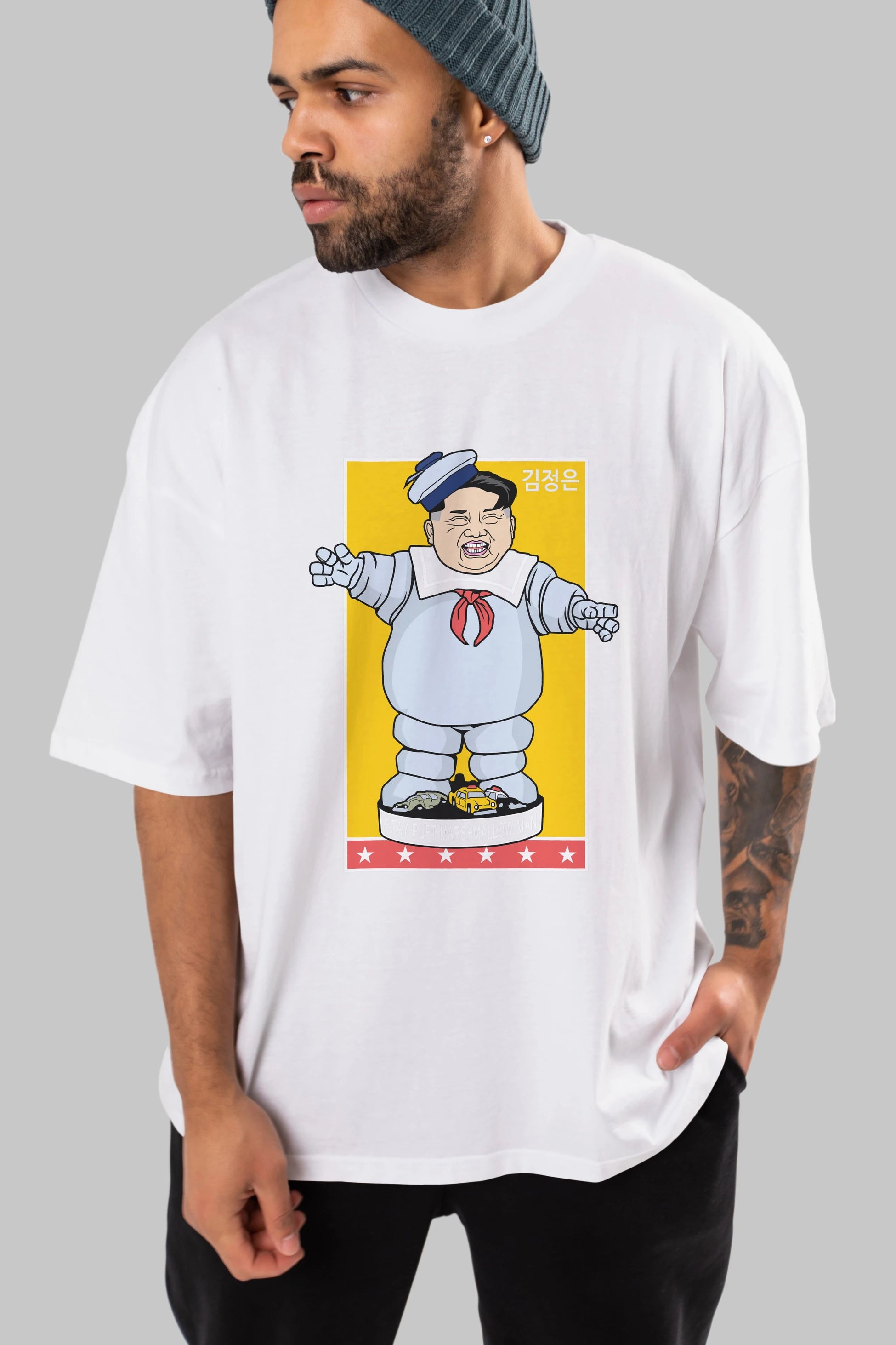 Stay Puft Jong Un Ön Baskılı Oversize t-shirt Erkek Kadın Unisex %100 Pamuk tişort
