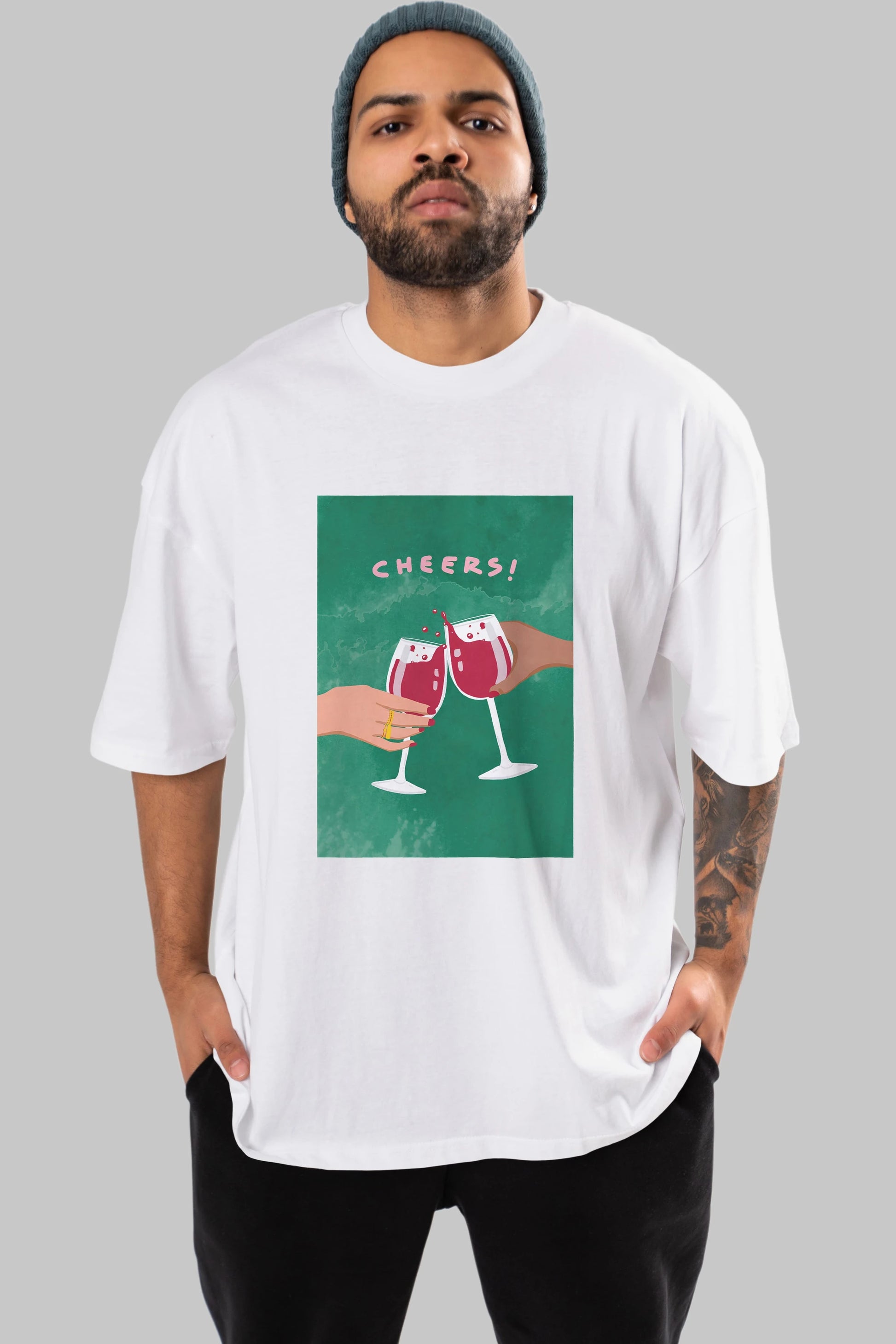 Cheers Ön Baskılı Oversize t-shirt Erkek Kadın Unisex %100 Pamuk Bisiklet Yaka tişort