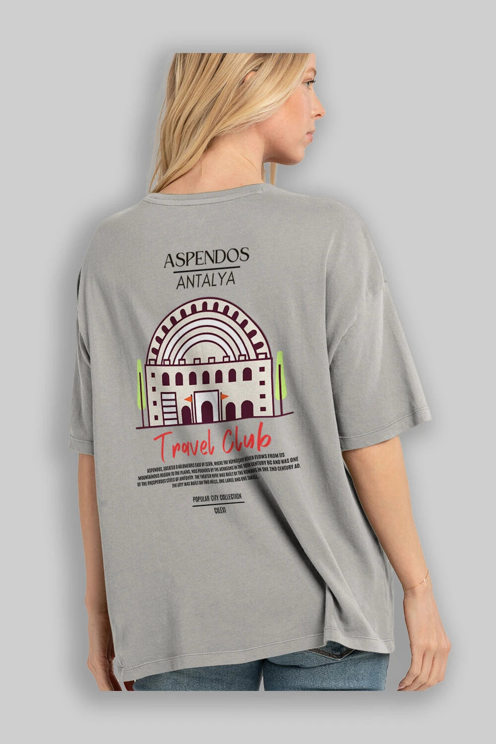 Aspendos Antalya Arka Baskılı Oversize t-shirt Erkek Kadın Pamuk Bisiklet Yaka tişort