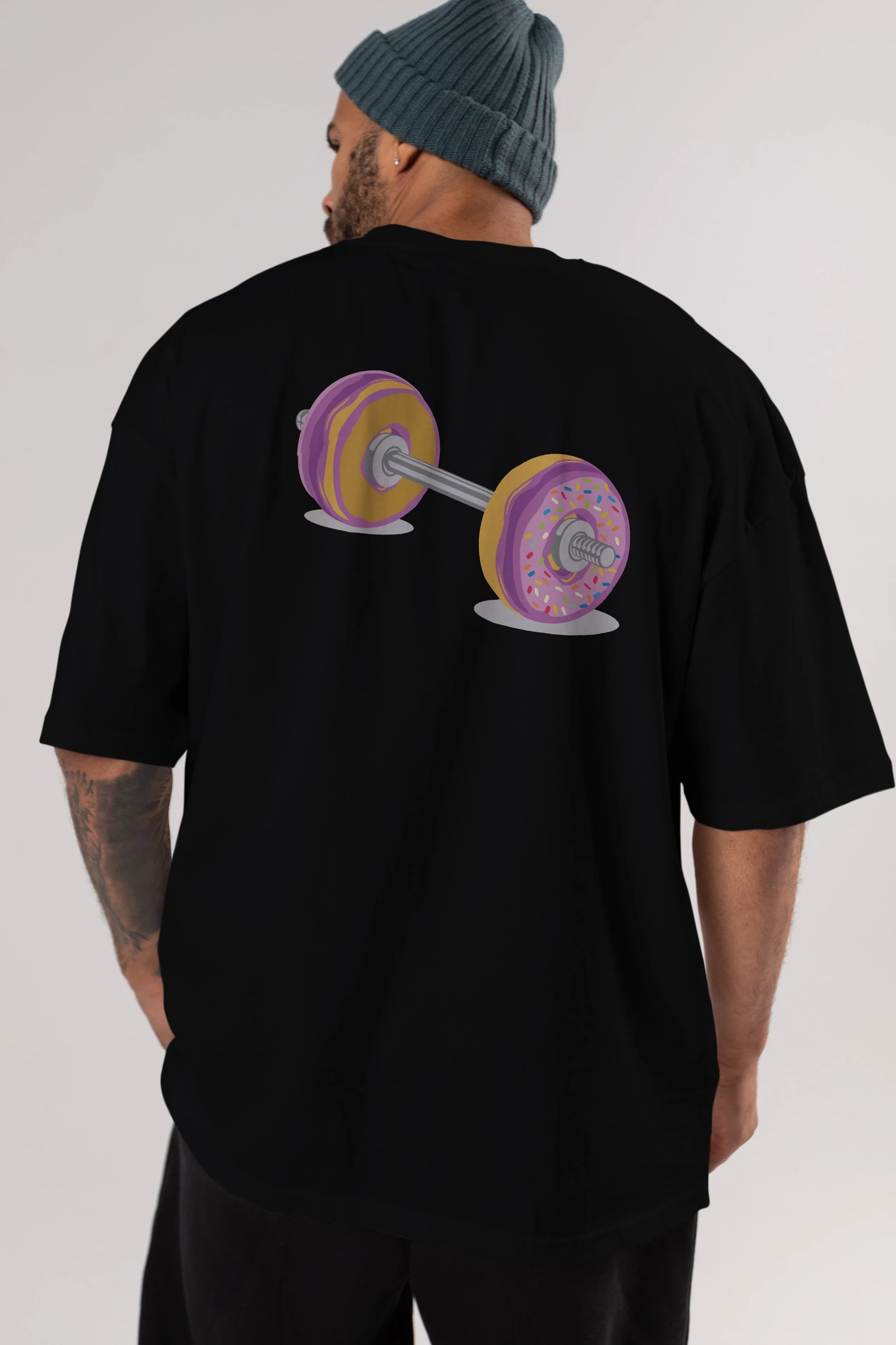 Donut Barbell Arka Baskılı Oversize t-shirt %100 pamuk Erkek Kadın Unisex