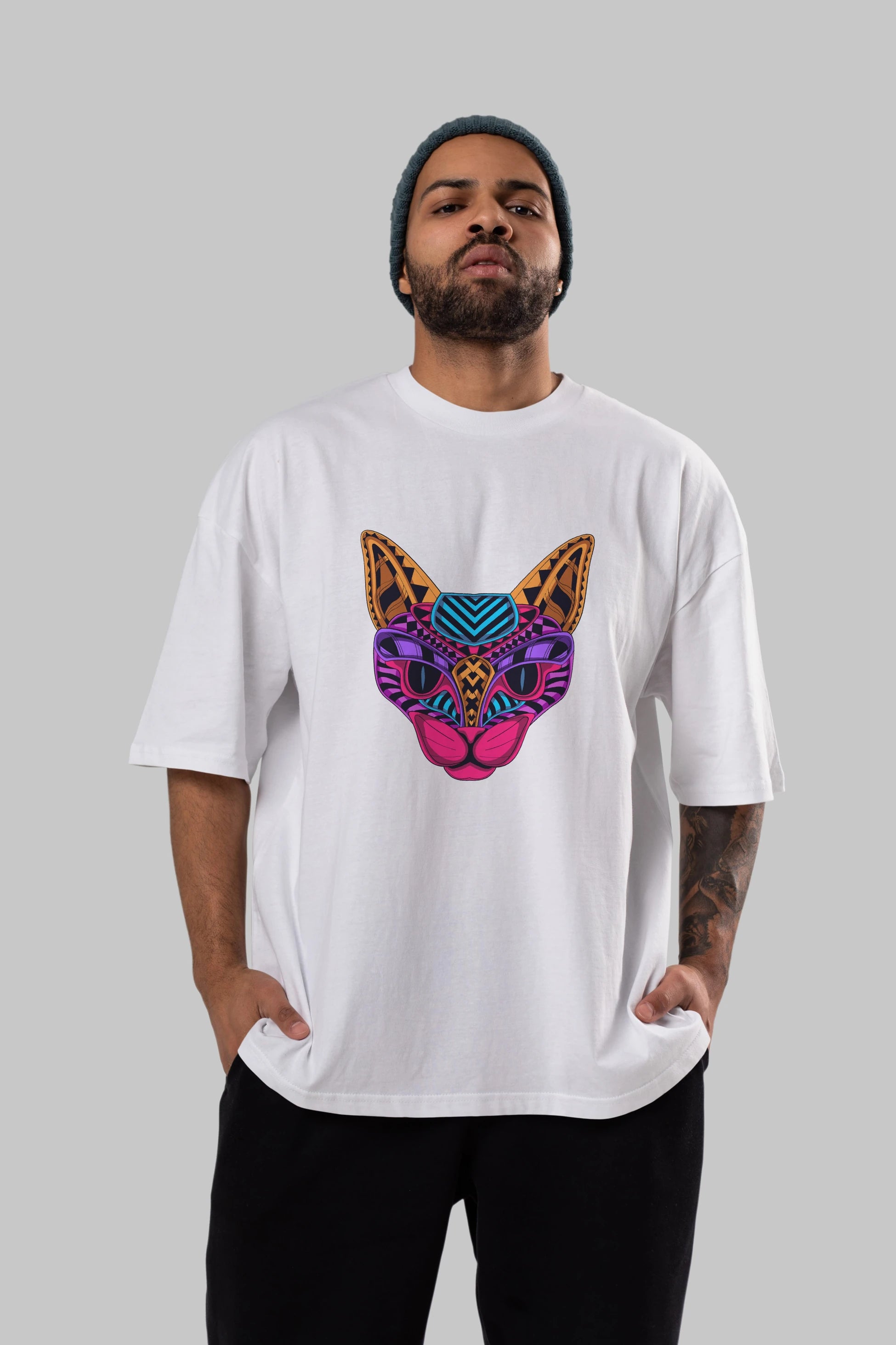 Black Neon Cat Ön Baskılı Oversize t-shirt Erkek Kadın Unisex