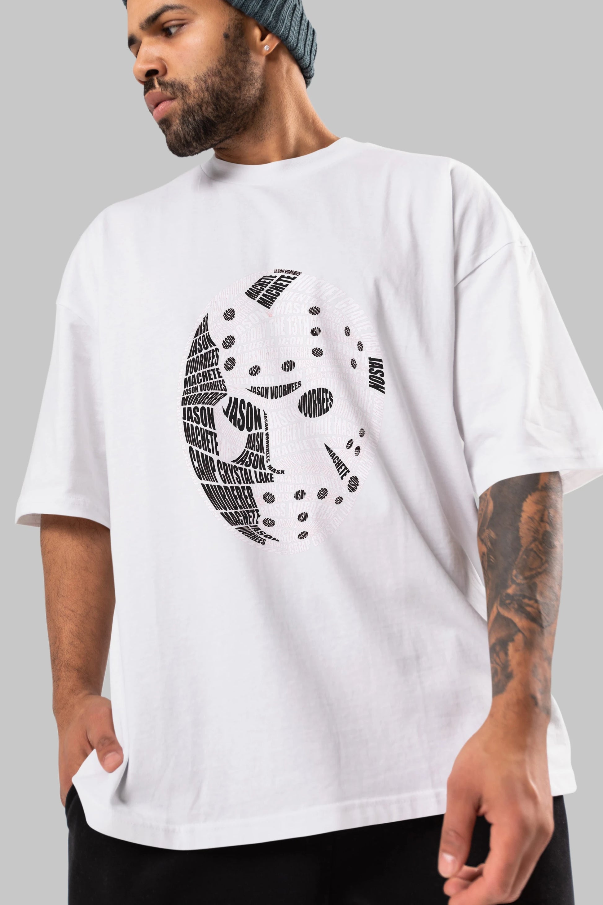 Jason Voorhees Calligram Ön Baskılı Oversize t-shirt %100 pamuk Erkek Kadın Unisex