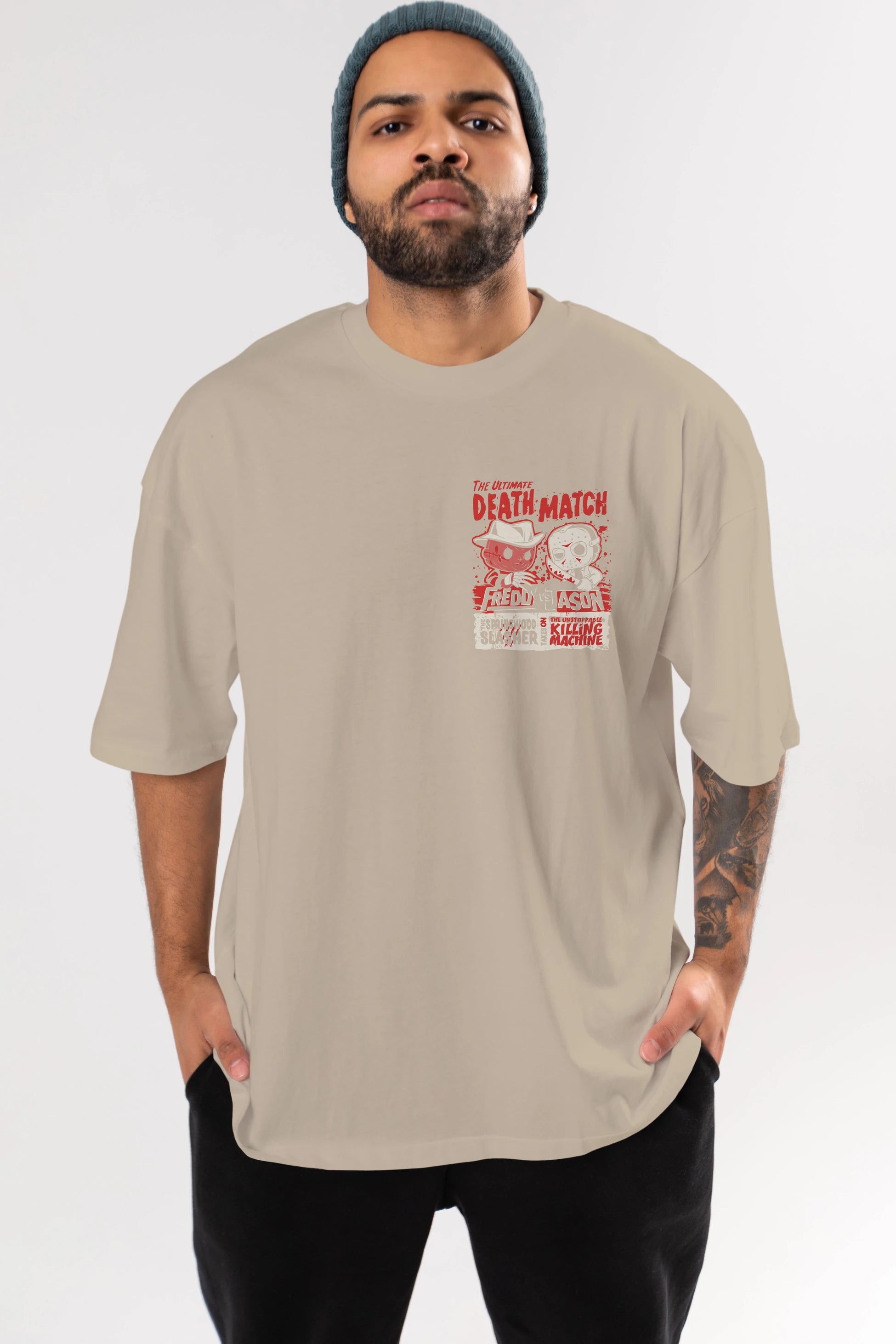 Freddy vs Jason Ön Sol Baskılı Oversize t-shirt Erkek Kadın Unisex %100 Pamuk Bisiklet Yaka tişort