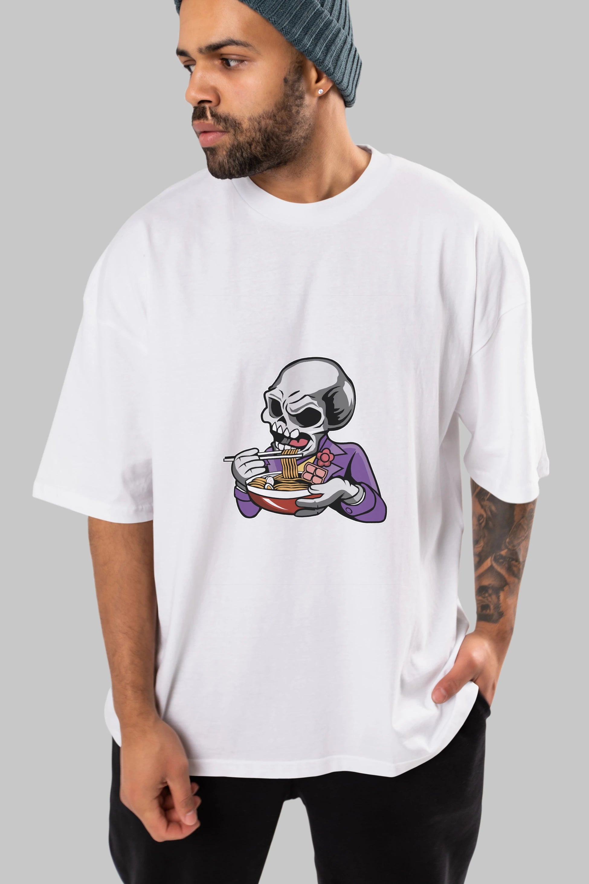 Skull Ramen Ön Baskılı Oversize t-shirt Erkek Kadın Unisex %100 Pamuk tişort