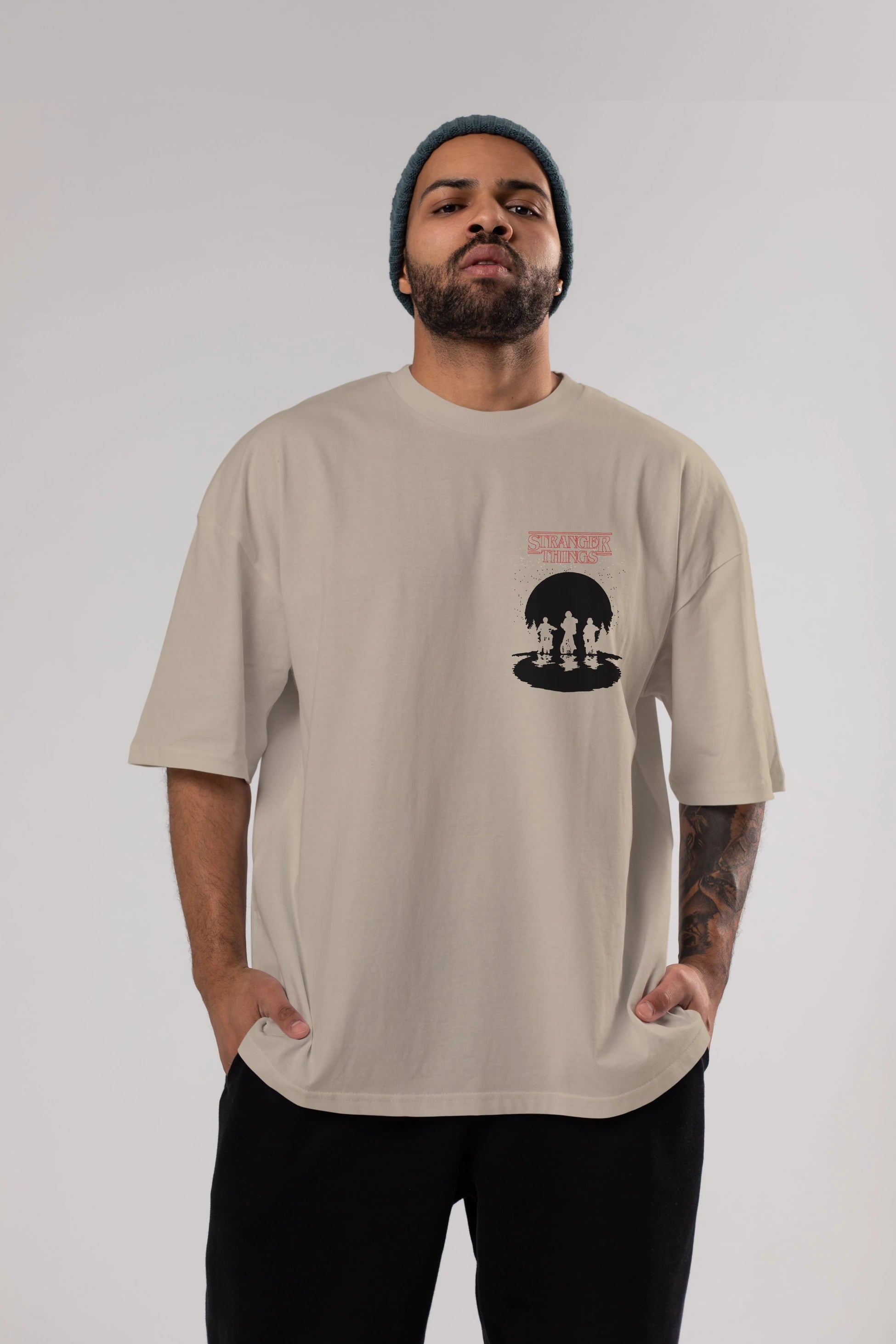 Stranger Things Ön Sol Baskılı Oversize t-shirt Erkek Kadın Unisex %100 Pamuk Bisiklet Yaka tişort