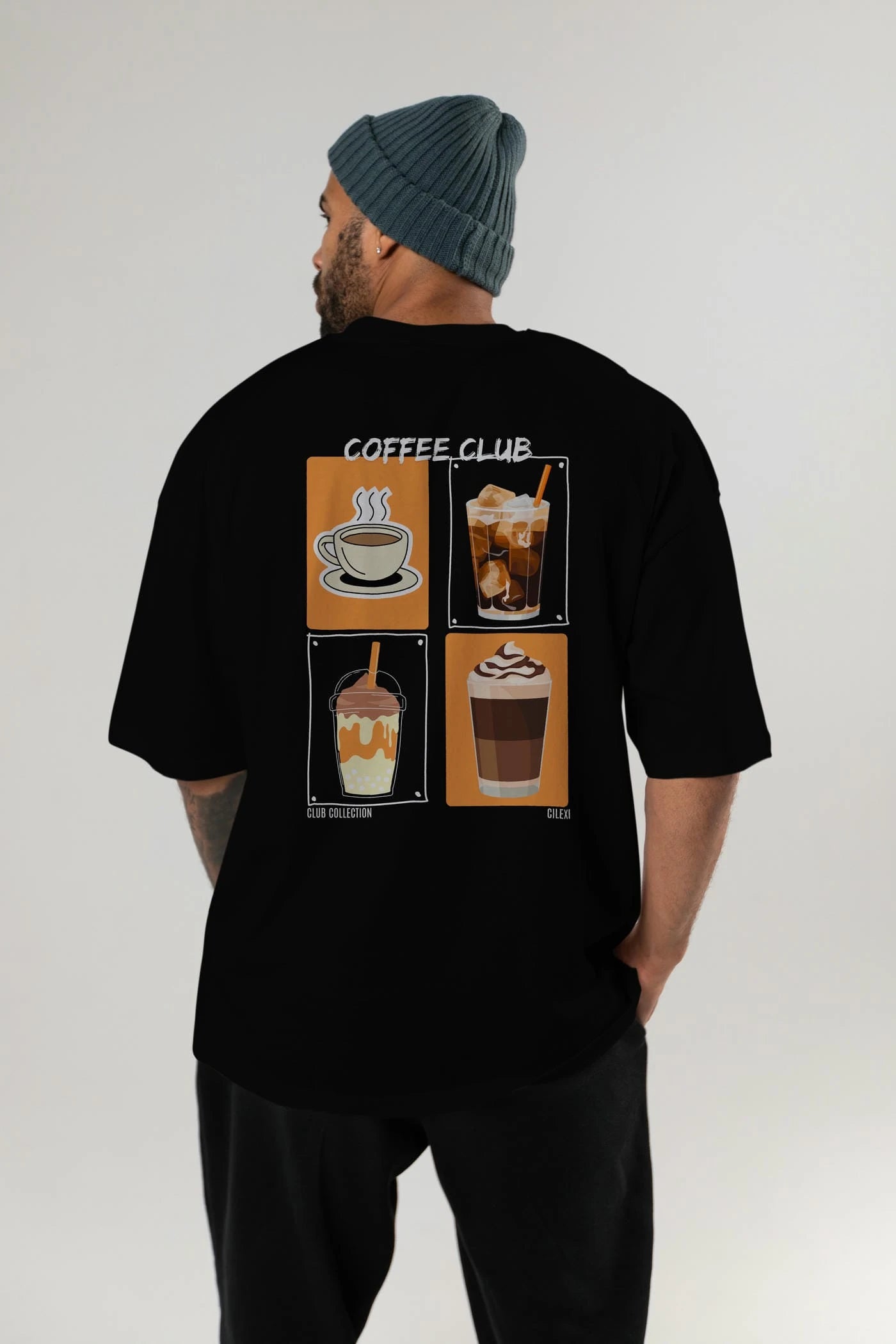 Coffee Club Arka Baskılı Oversize t-shirt Erkek Kadın %100 Pamuk Bisiklet Yaka tişort
