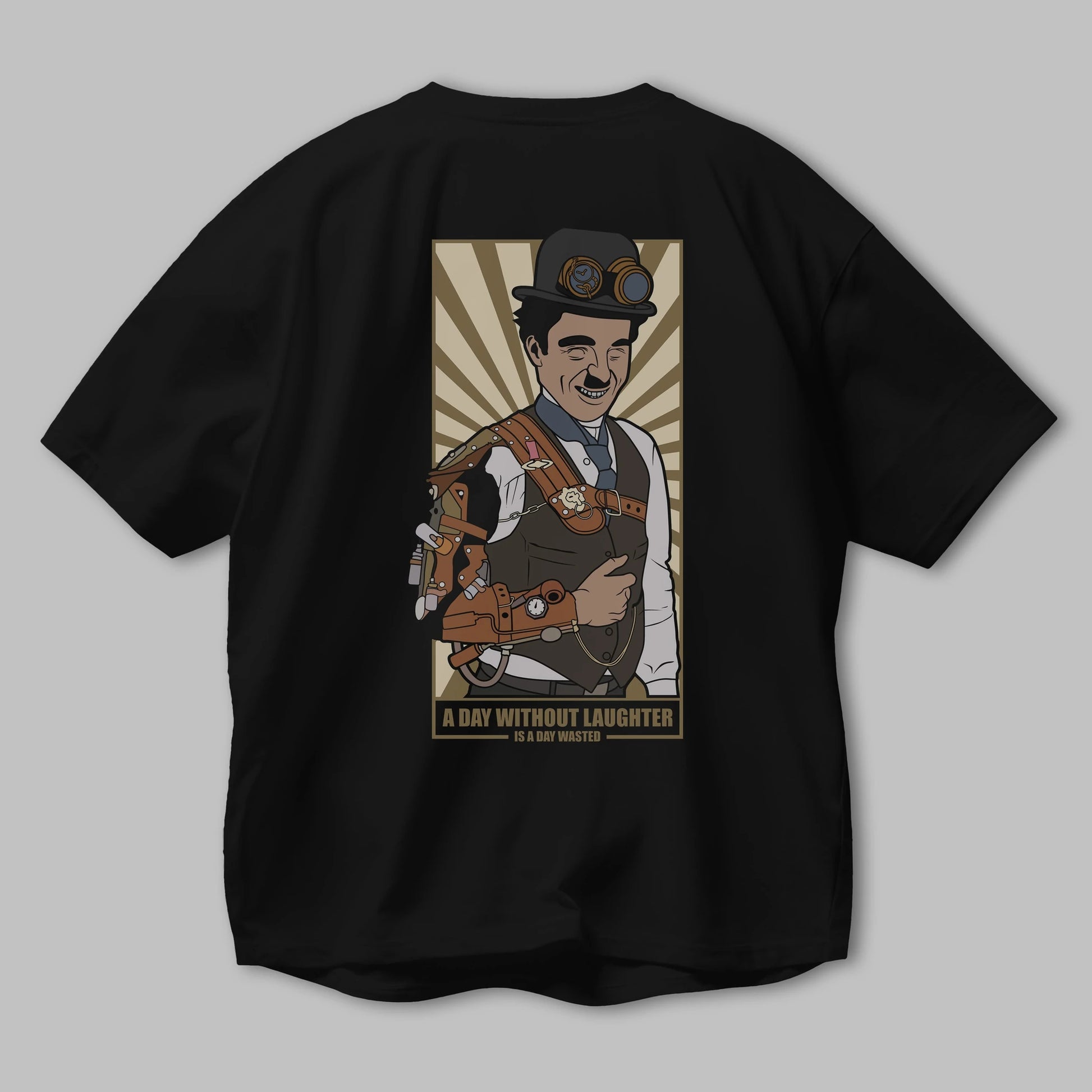 Steampunk Chaplin Arka Baskılı Oversize t-shirt Erkek Kadın Unisex %100 Pamuk tişort