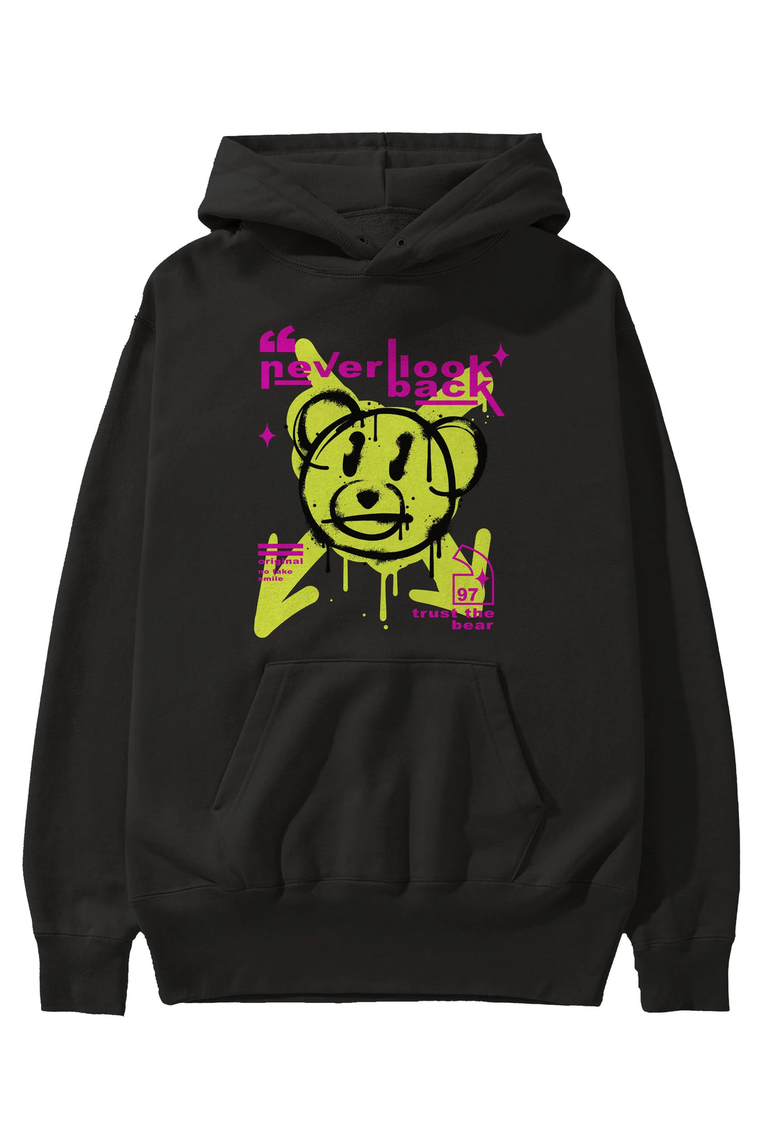 Never Look Back Bear Ön Baskılı Hoodie Oversize Kapüşonlu Sweatshirt Erkek Kadın Unisex