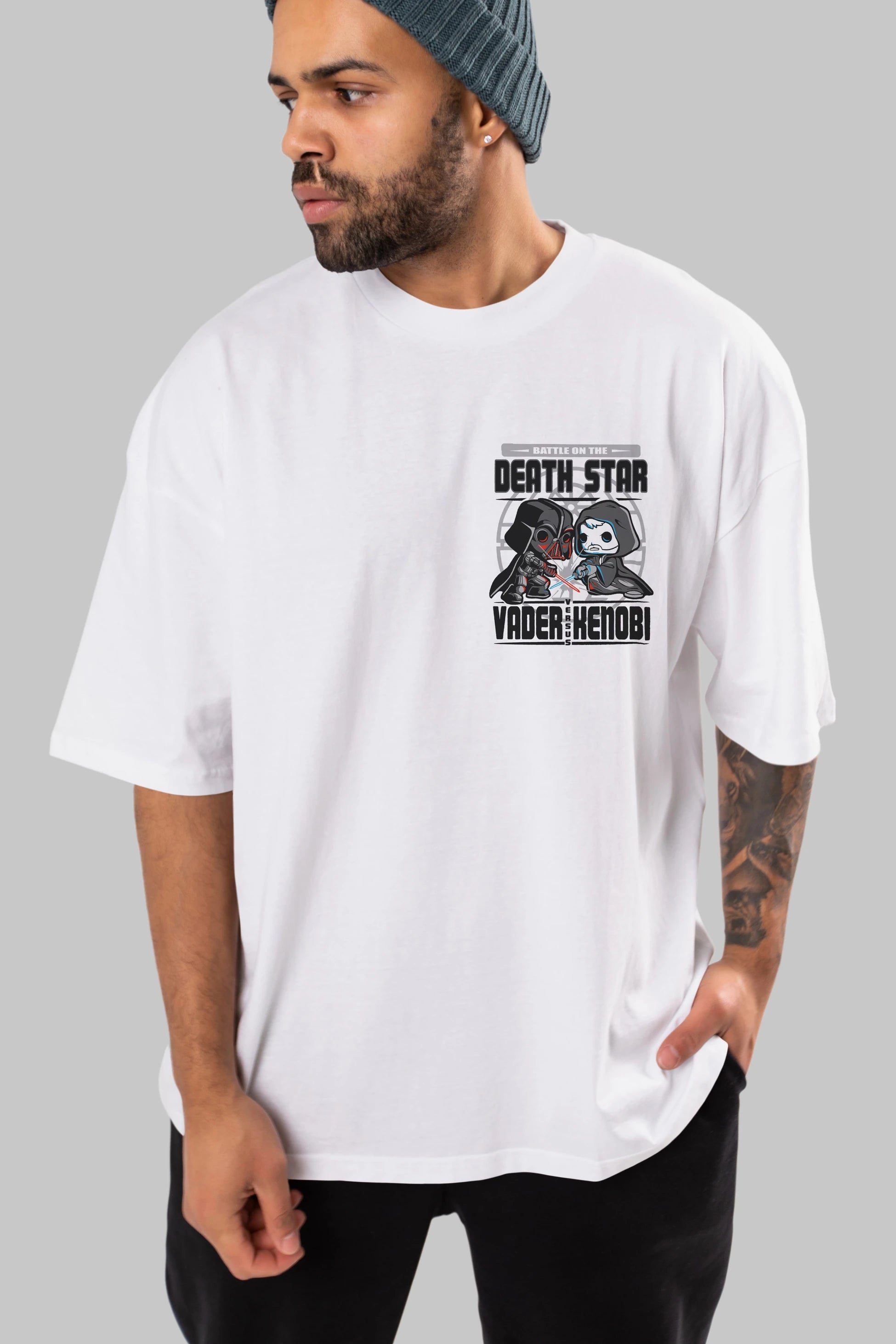 Vader Kenobi Ön Sol Baskılı Oversize t-shirt Erkek Kadın Unisex %100 Pamuk Bisiklet Yaka tişort