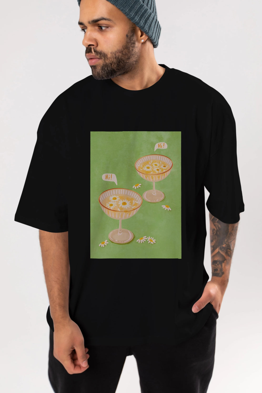 Hi Cheers Ön Baskılı Oversize t-shirt Erkek Kadın Unisex %100 Pamuk Bisiklet Yaka tişort